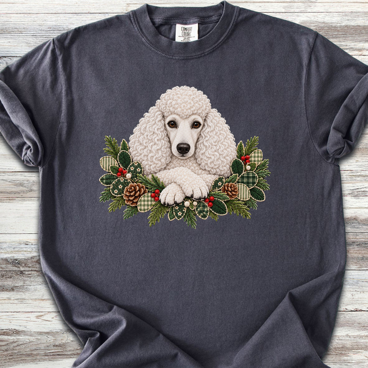Poodle White Winter Greenery Faux Embroidery - Graphite