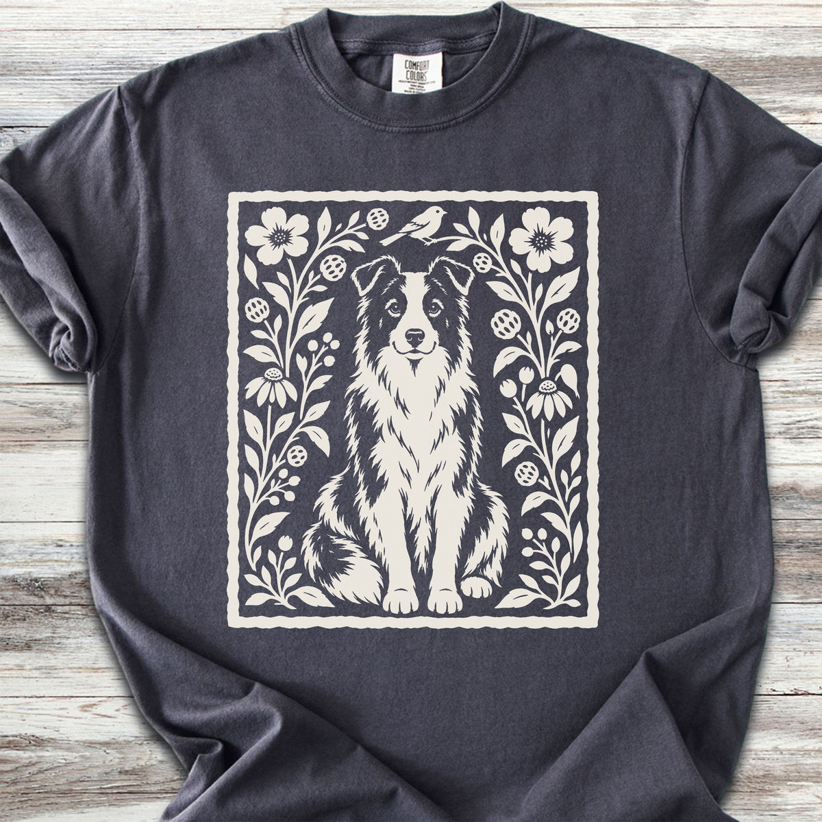 Border Collie Folk Art Floral - Graphite