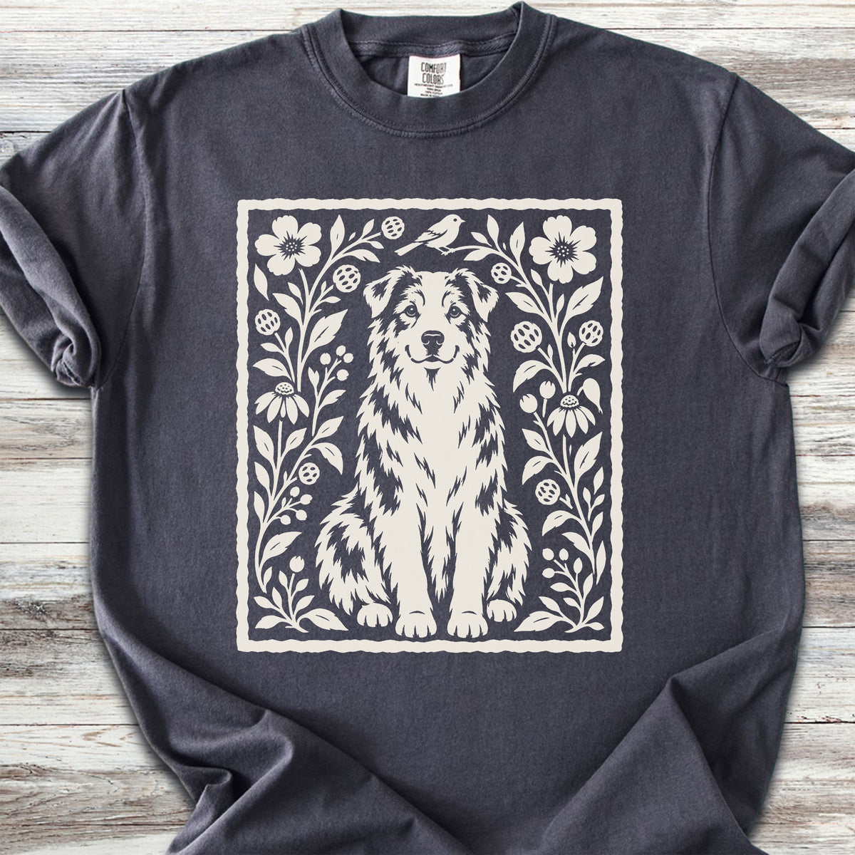 Australian Shepherd Folk Art Floral - Graphite