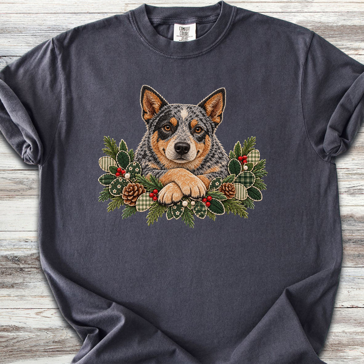 Australian Cattle Dog Winter Greenery Faux Embroidery - Graphite