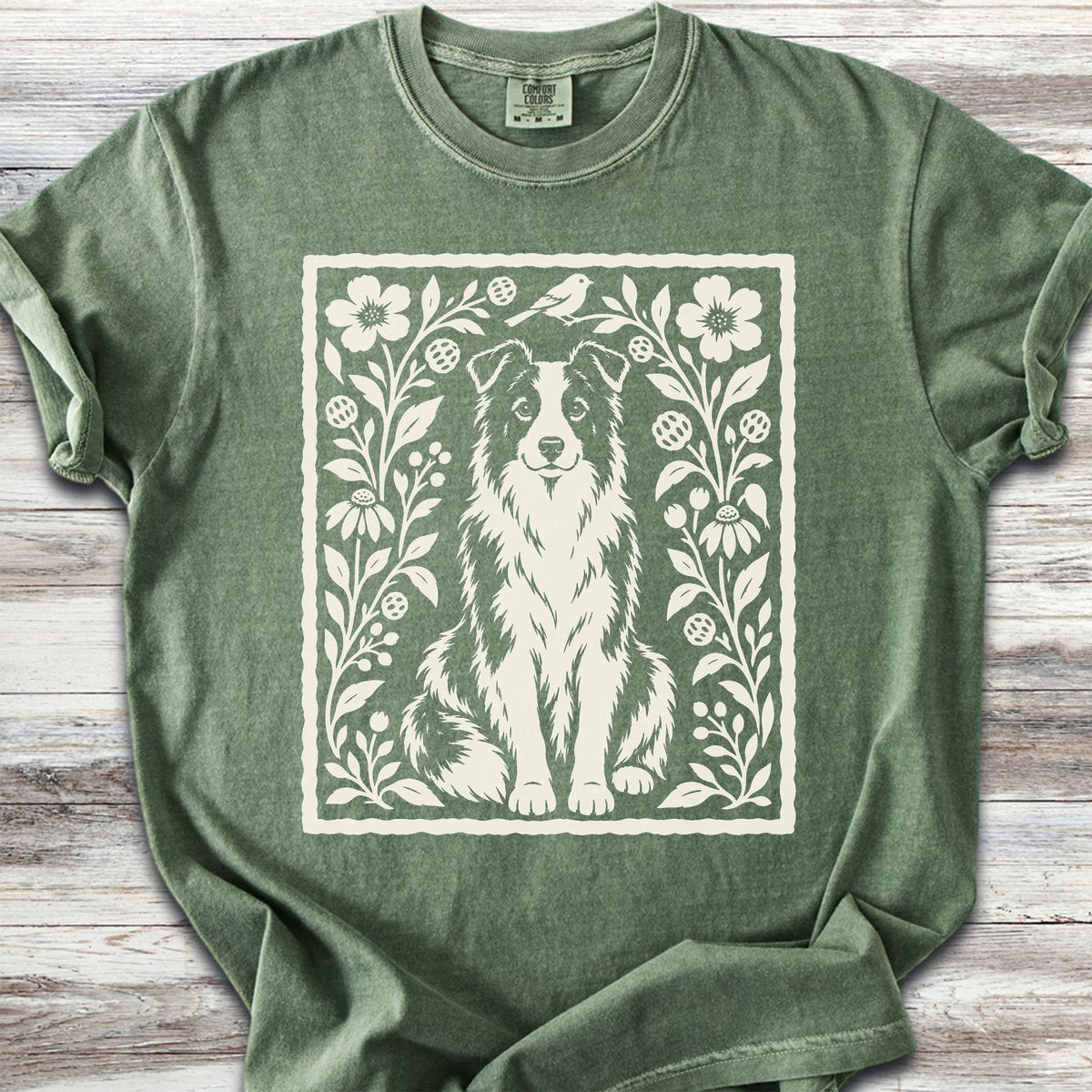 Border Collie Folk Art Floral - Moss