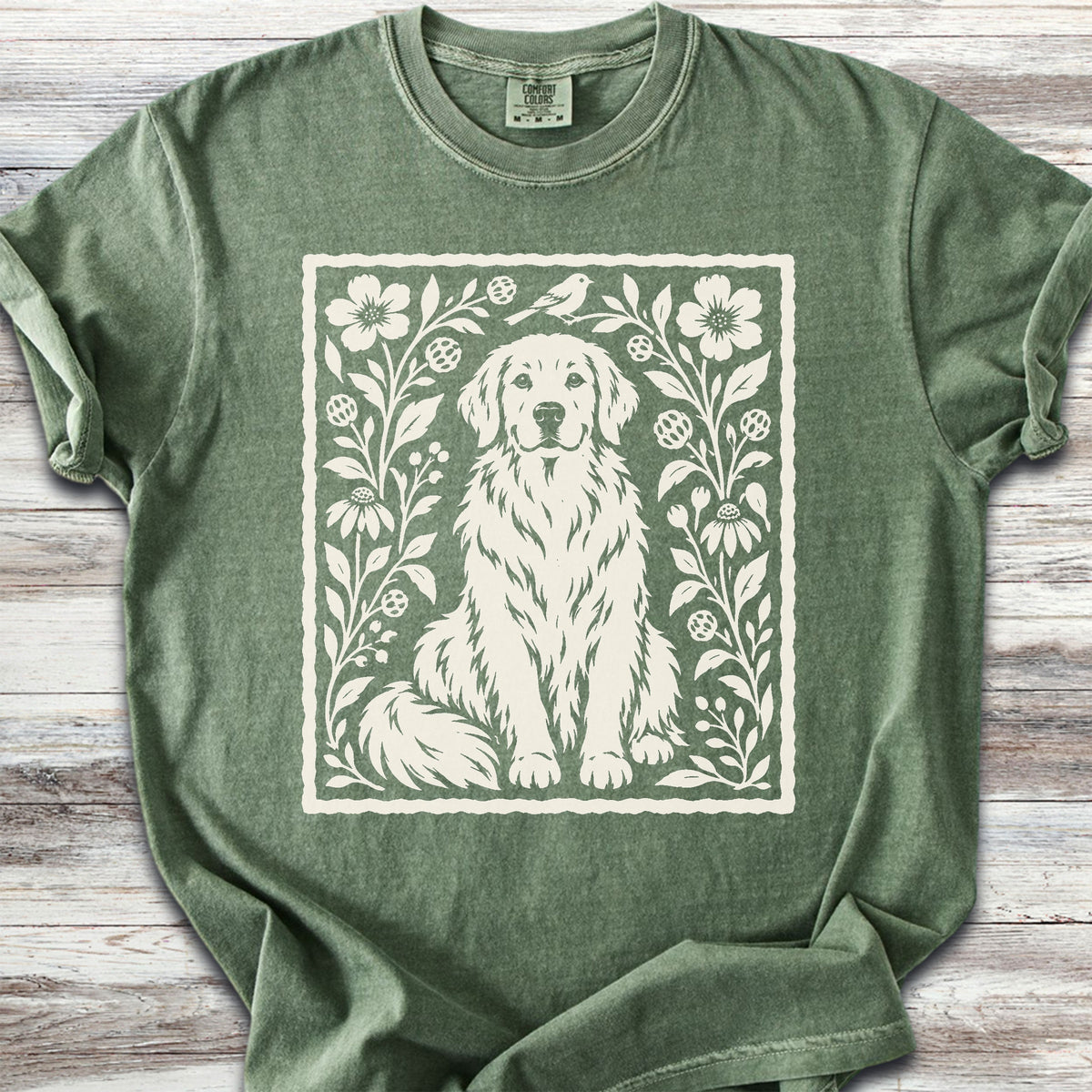 Golden Retriever Folk Art Floral - Moss
