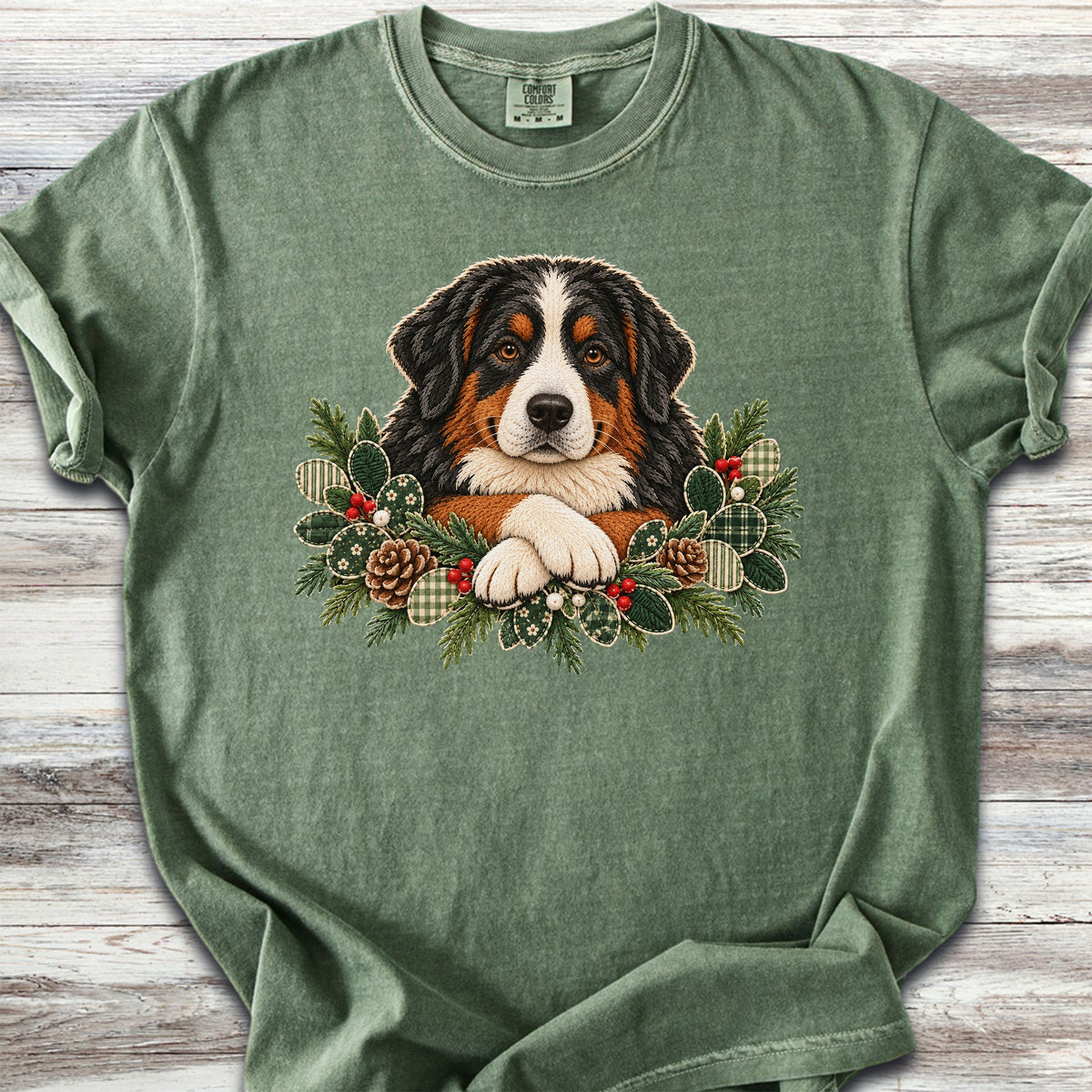 Bernese Mountain Dog Winter Greenery Faux Embroidery - Moss