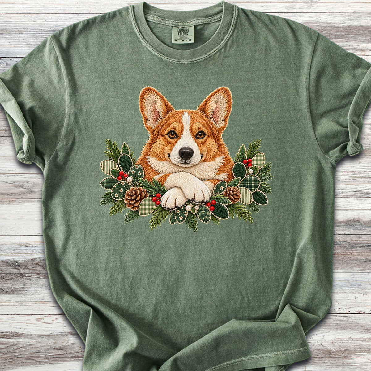 Corgi Winter Greenery Faux Embroidery - Moss