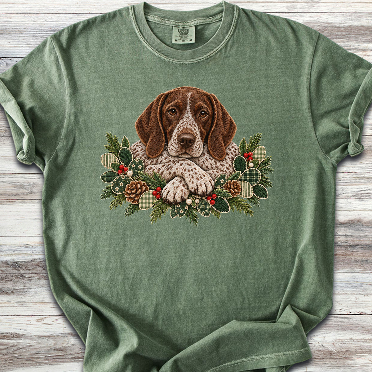 German Shorthaired Pointer Winter Greenery Faux Embroidery - Moss