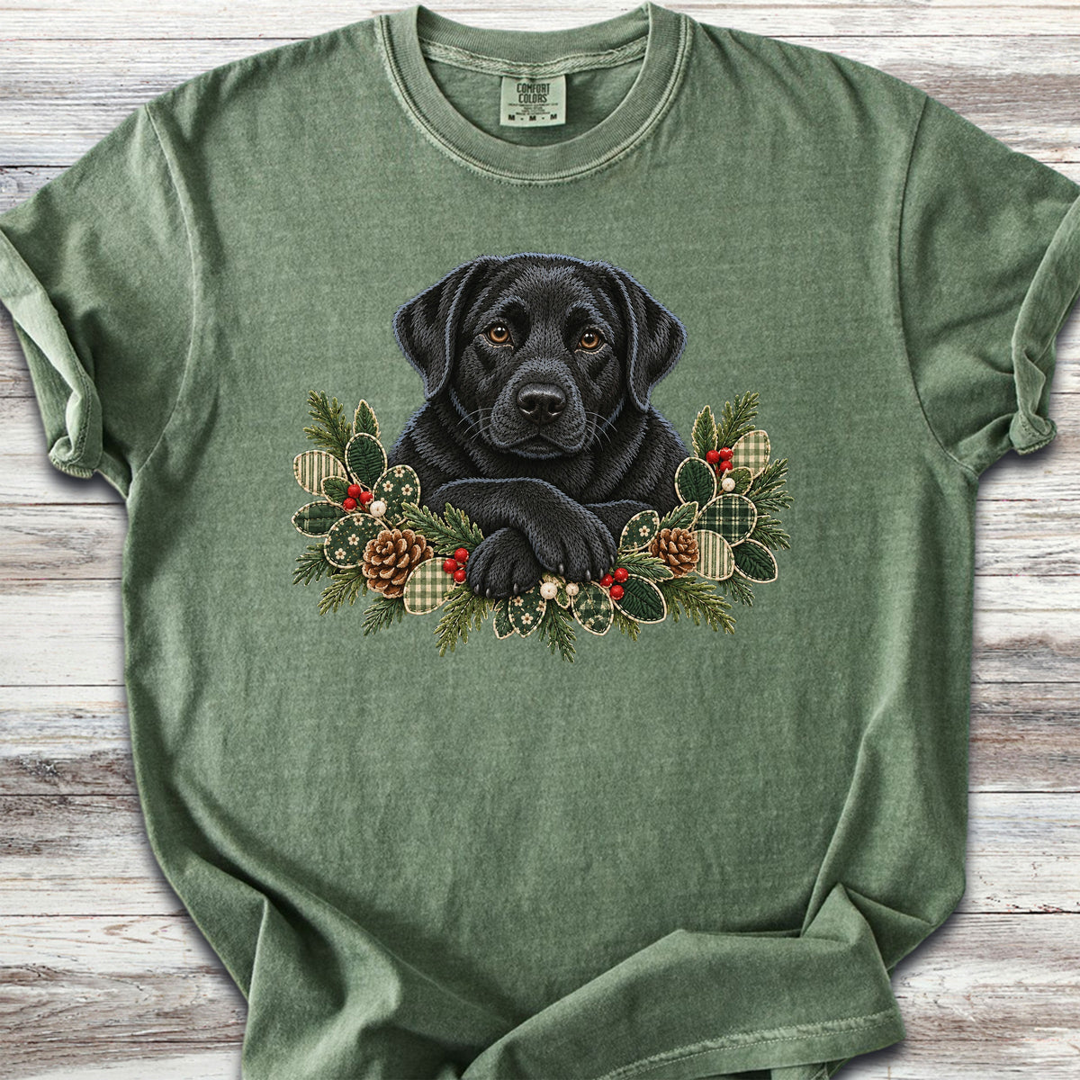 Labrador Retriever Black Winter Greenery Faux Embroidery - Moss