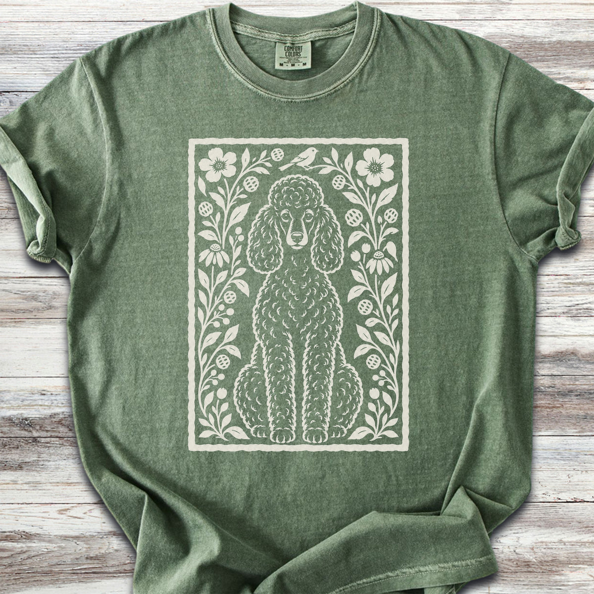 Poodle Dark Folk Art Floral - Moss