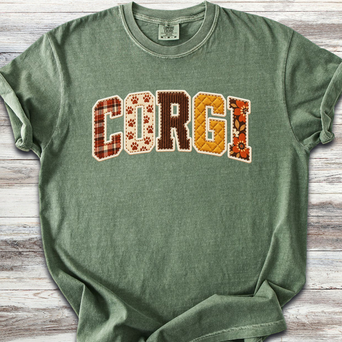 Corgi Fall Faux Patchwork - Moss