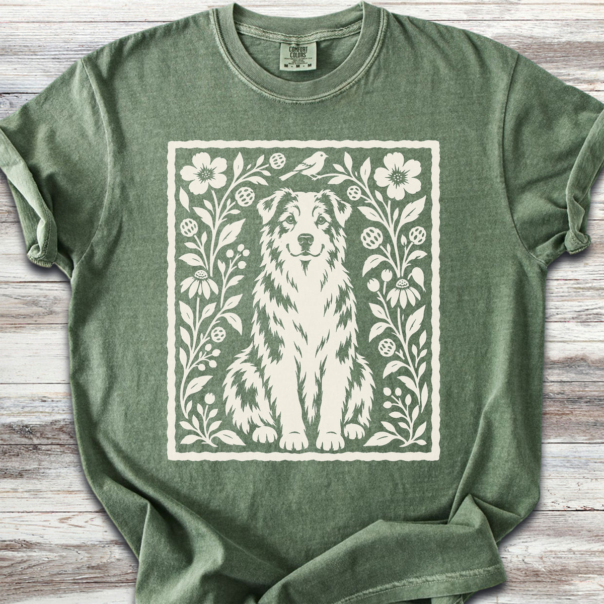 Australian Shepherd Folk Art Floral - Moss