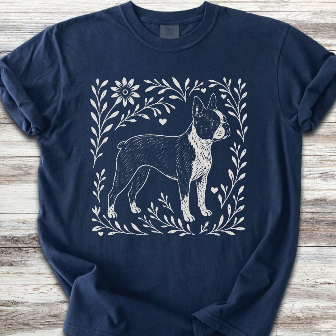 Boston Terrier Linocut - Navy