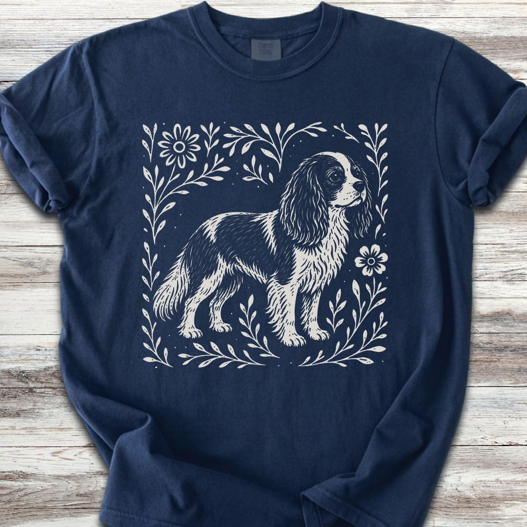 Cavalier King Charles Linocut - Navy