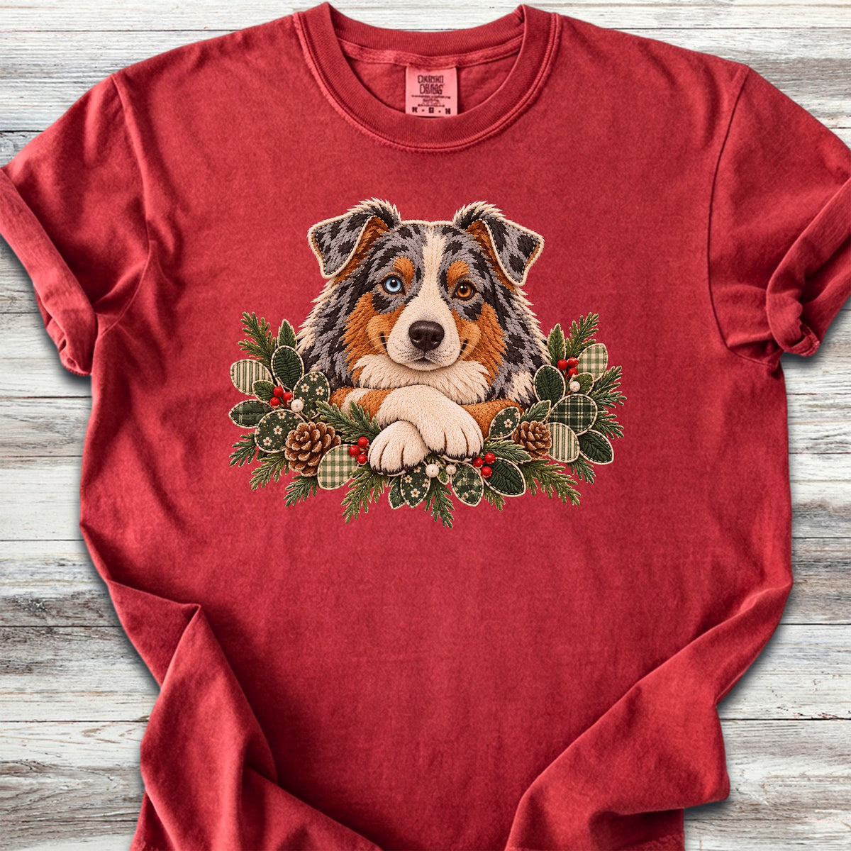 Australian Shepherd Winter Greenery Faux Embroidery - Red