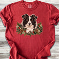 Border Collie Winter Greenery Faux Embroidery - Red