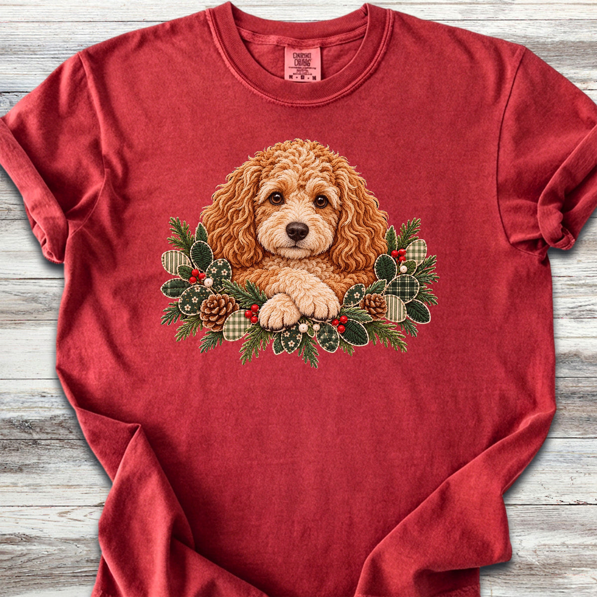 Cockapoo Winter Greenery Faux Embroidery - Red