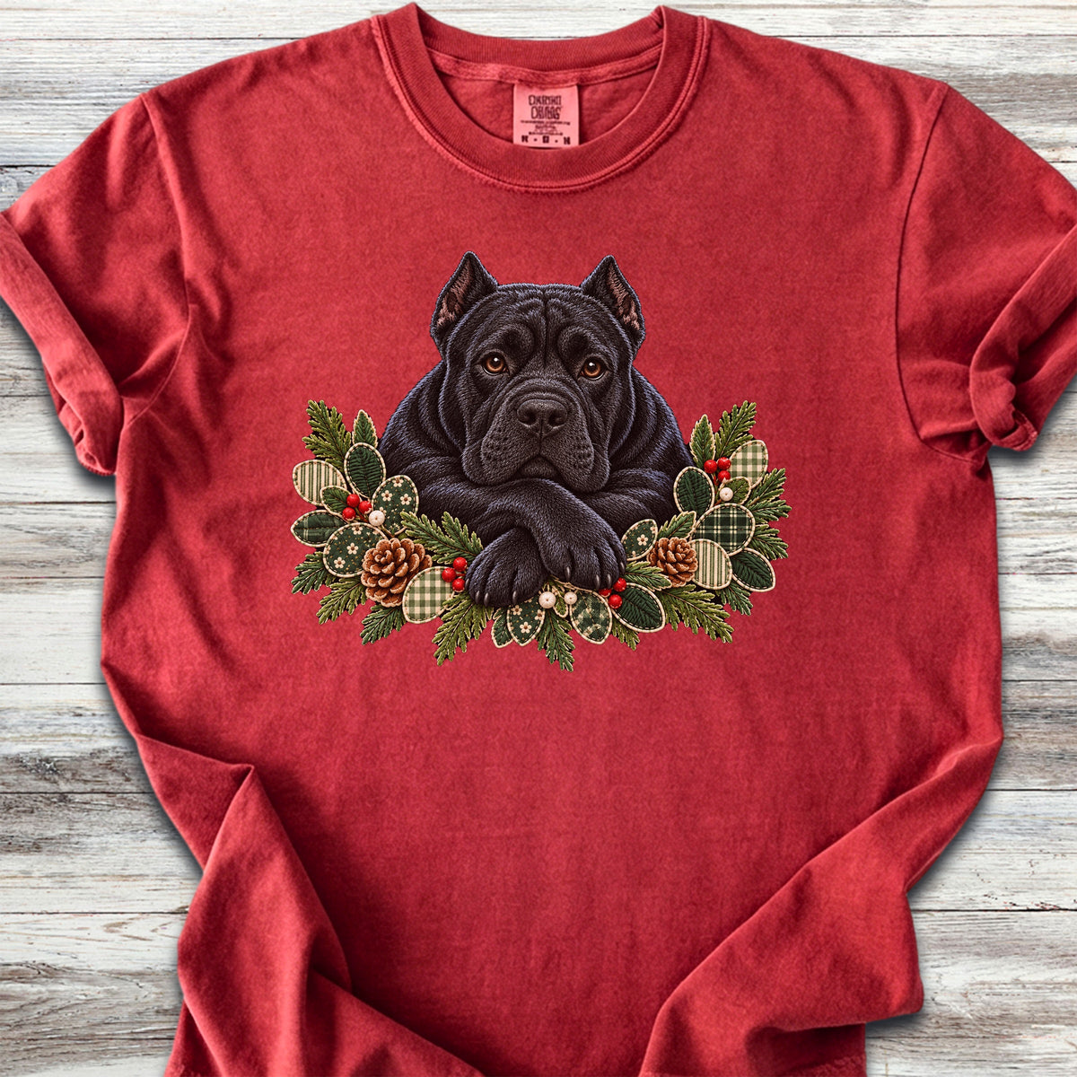 Cane Corso Black Winter Greenery Faux Embroidery - Red