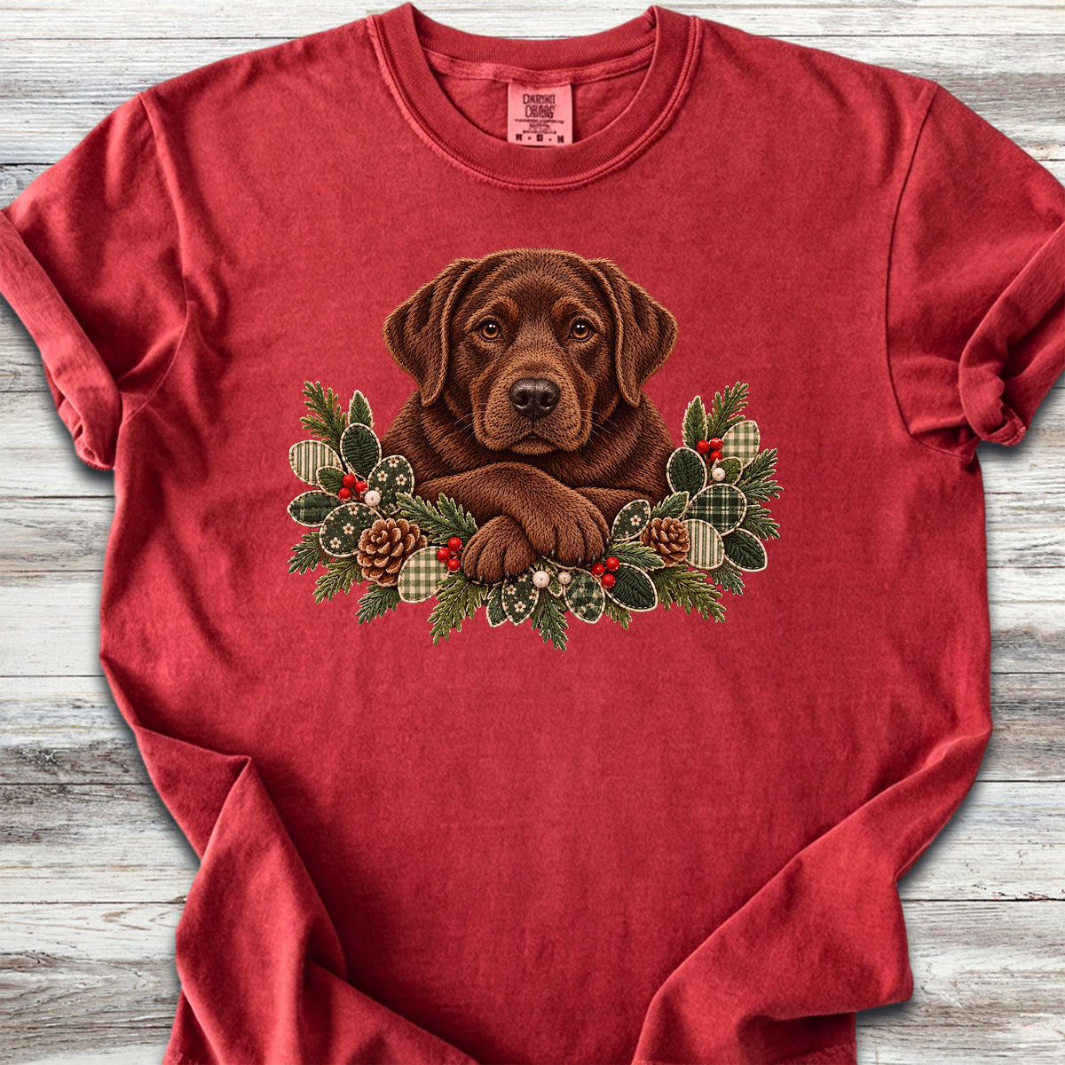 Labrador Retriever Chocolate Winter Greenery Faux Embroidery - Red