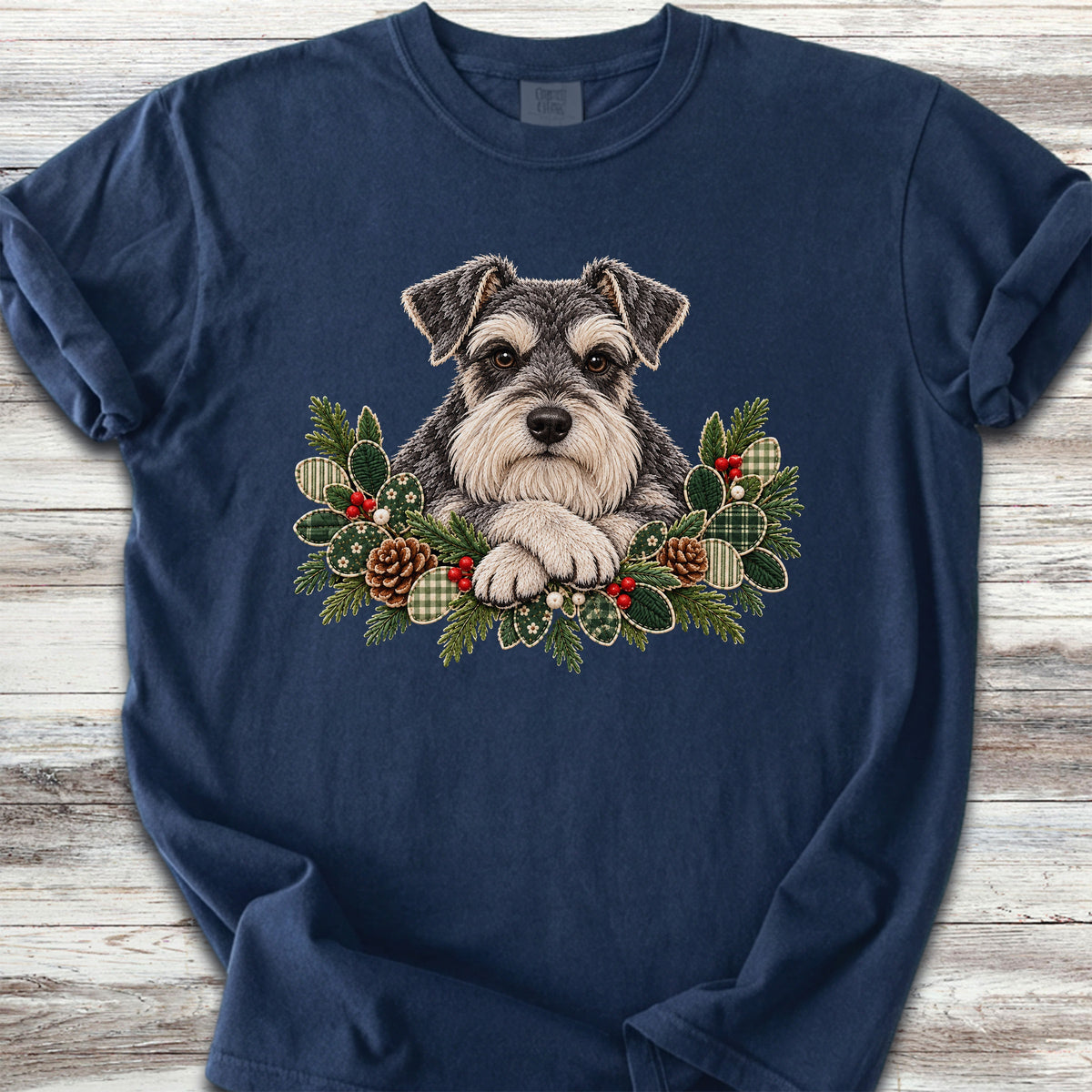 Schnauzer Winter Greenery Faux Embroidery - True Navy