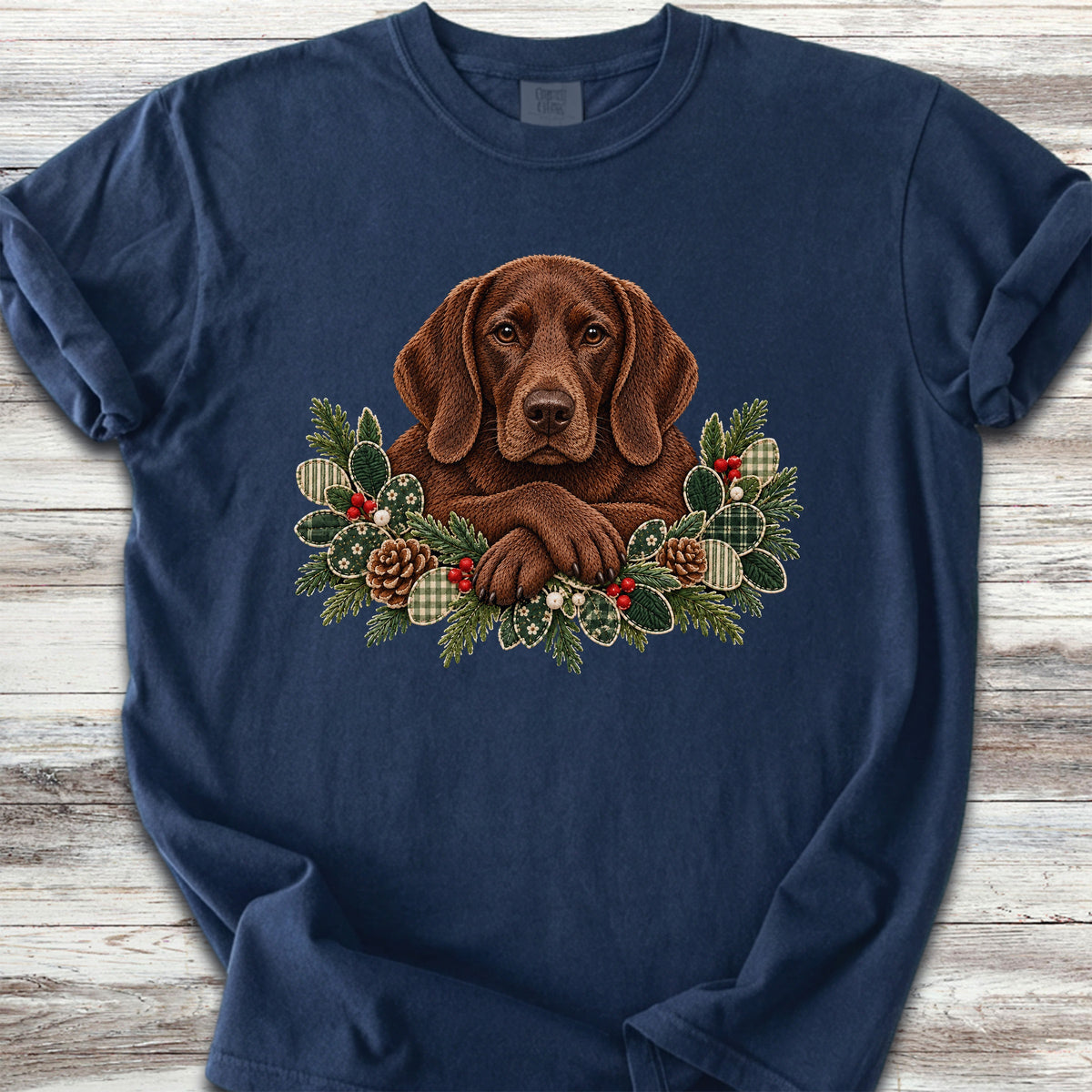 German Shorthaired Pointer Solid Liver Winter Greenery Faux Embroidery - True Navy