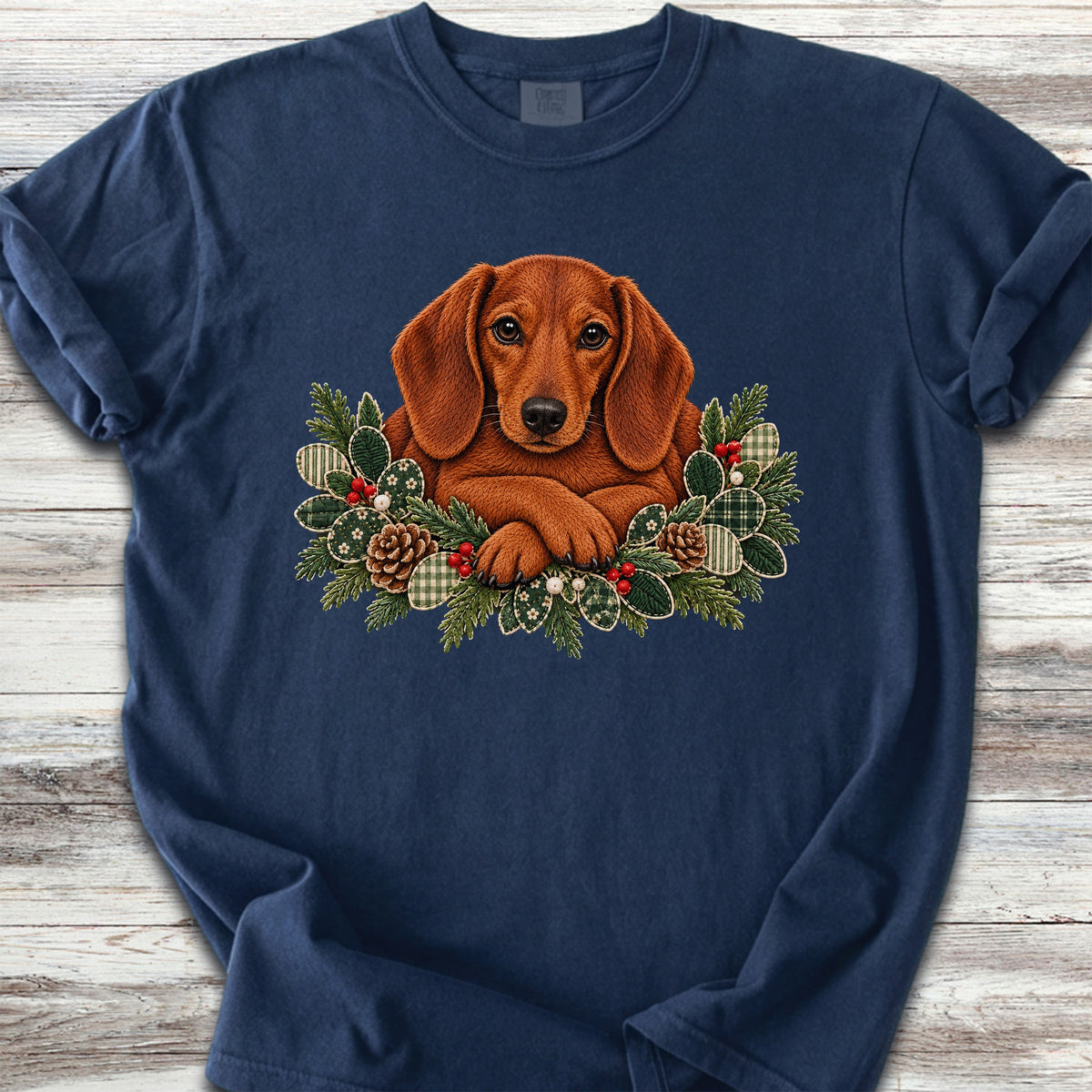 Dachshund Winter Greenery Faux Embroidery - True Navy