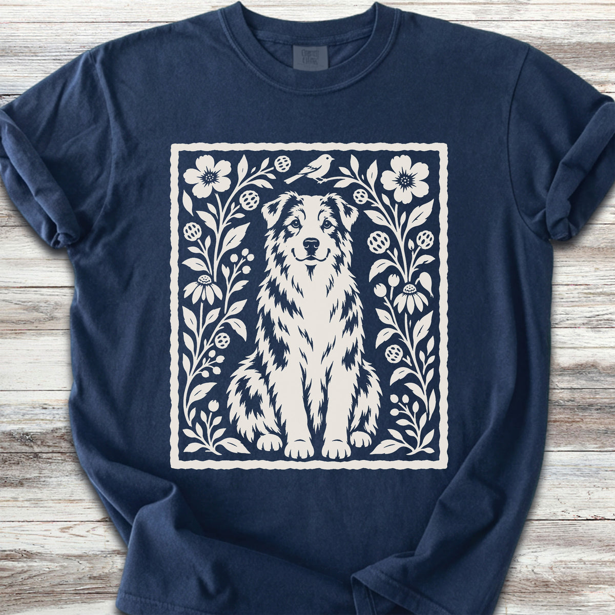 Australian Shepherd Folk Art Floral - True Navy