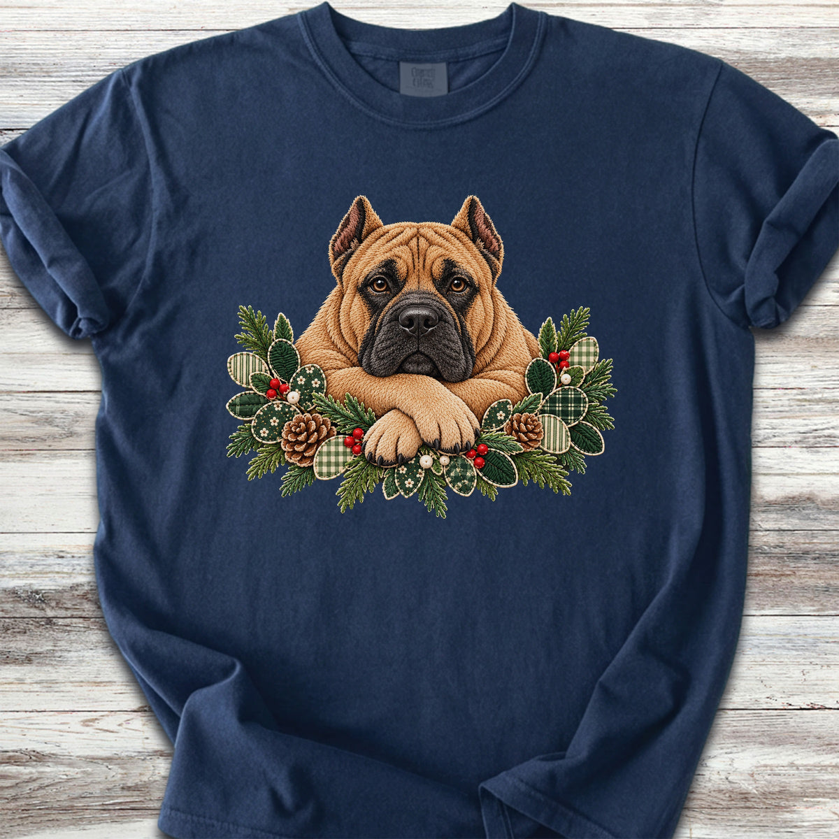 Cane Corso Fawn Winter Greenery Faux Embroidery - True Navy