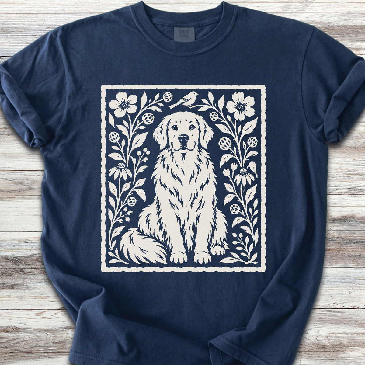 Golden Retriever Folk Art Floral - True Navy