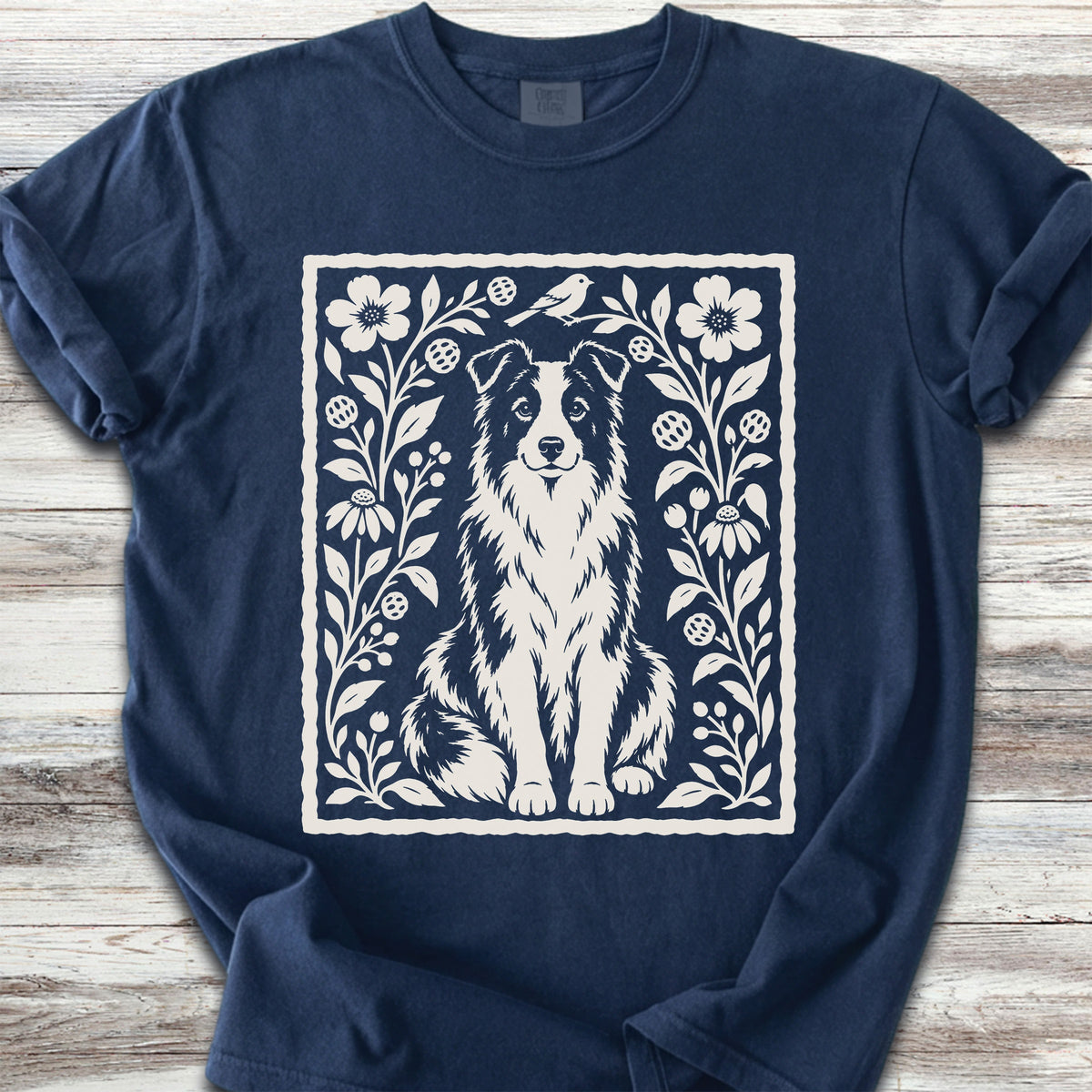 Border Collie Folk Art Floral - True Navy