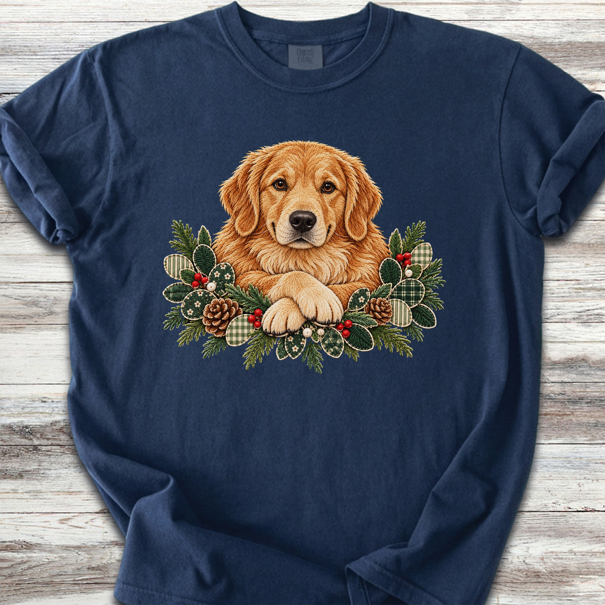 Golden Retriever Winter Greenery Faux Embroidery - True Navy