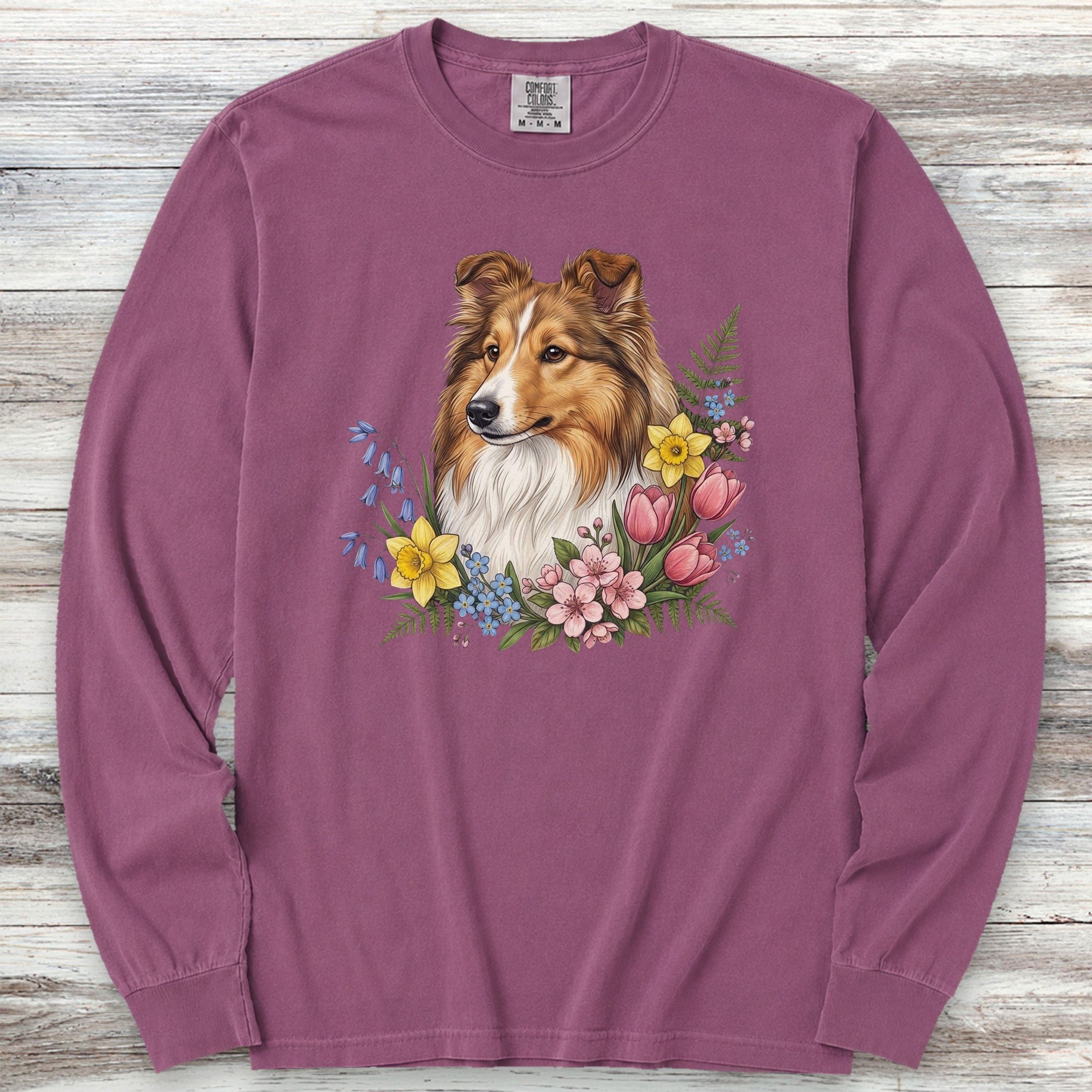 Shetland Sheepdog Spring Portrait Long Sleeve Tee - Berry