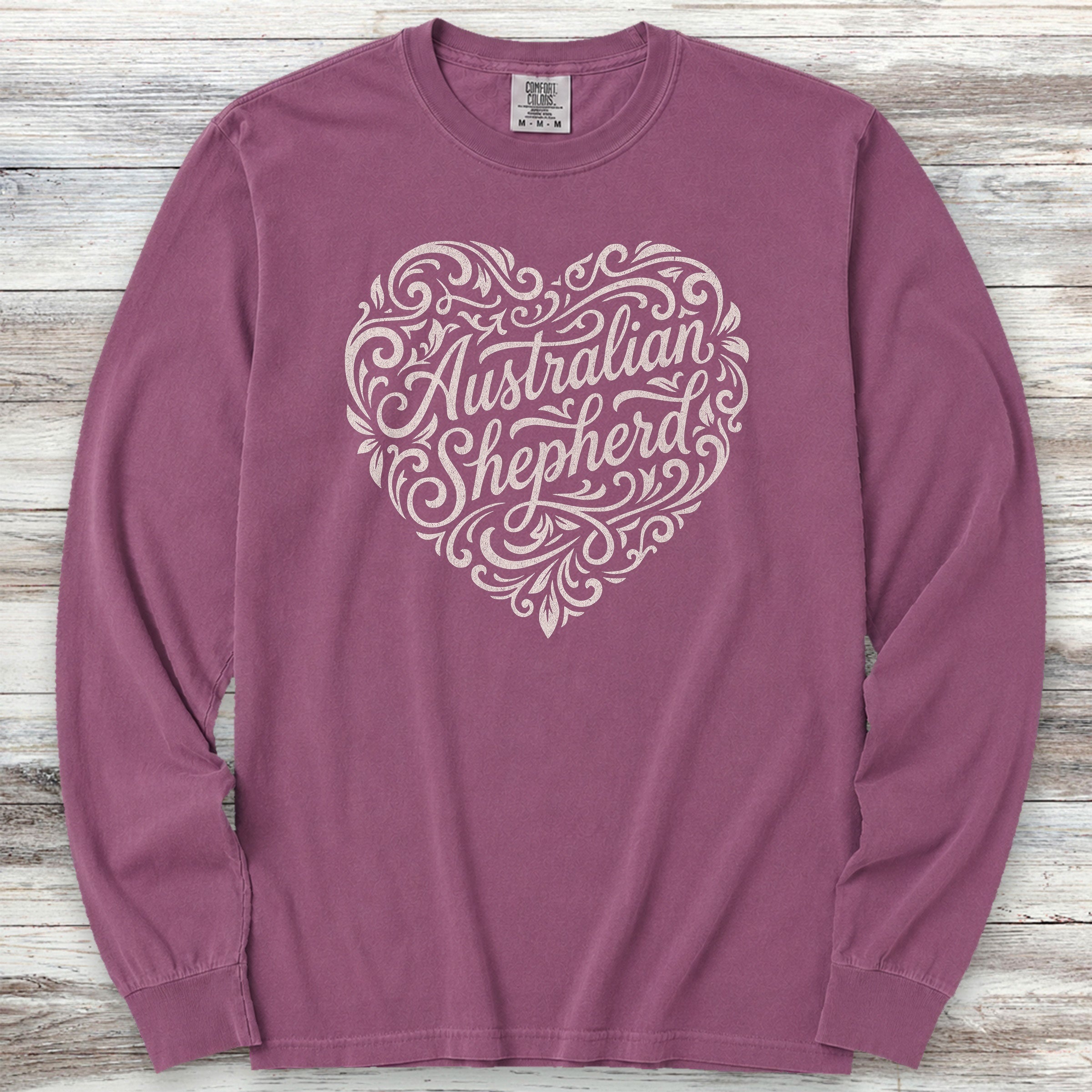 Australian Shepherd Heart Script Long Sleeve Tee - Berry