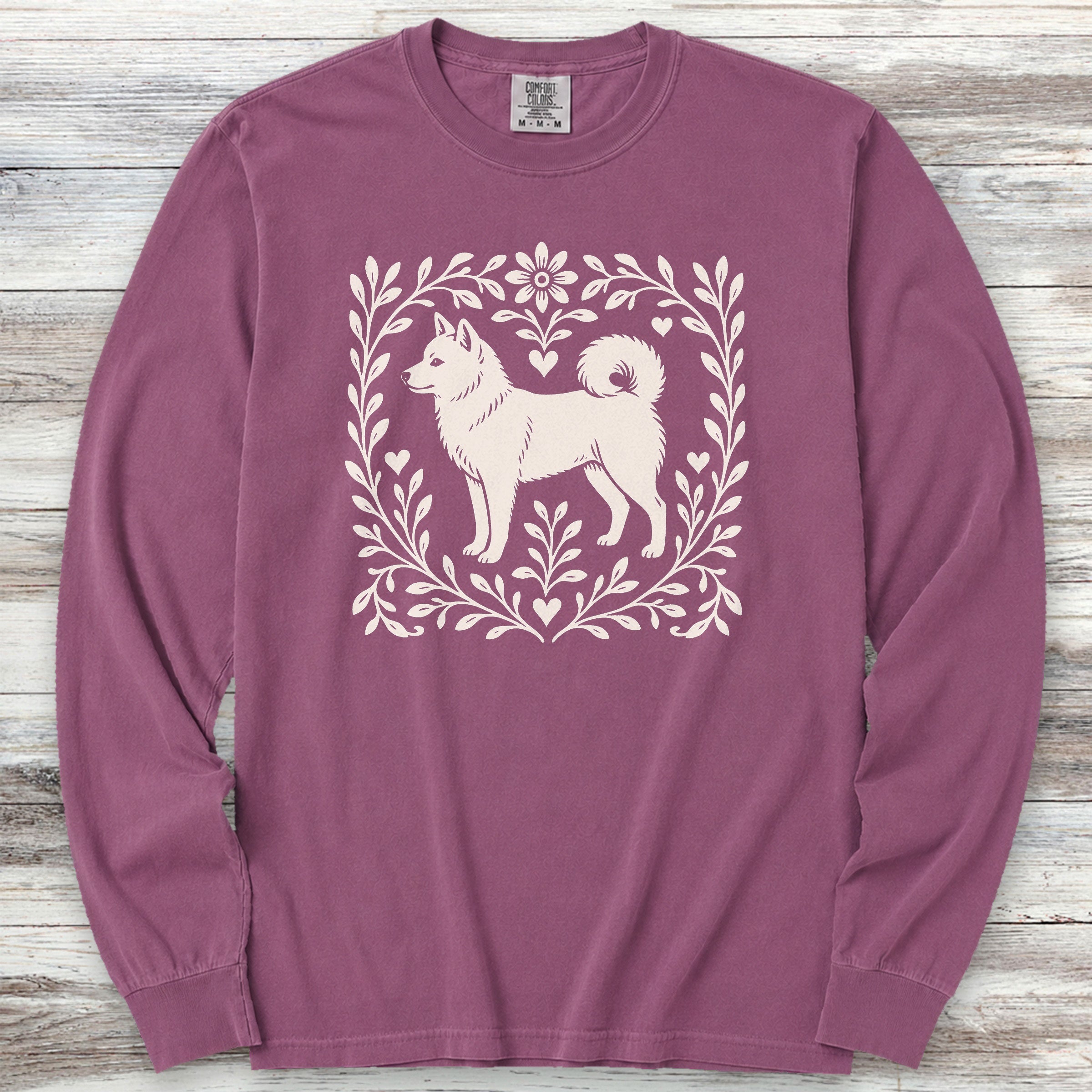Shiba Inu Linocut Long Sleeve Tee - Berry