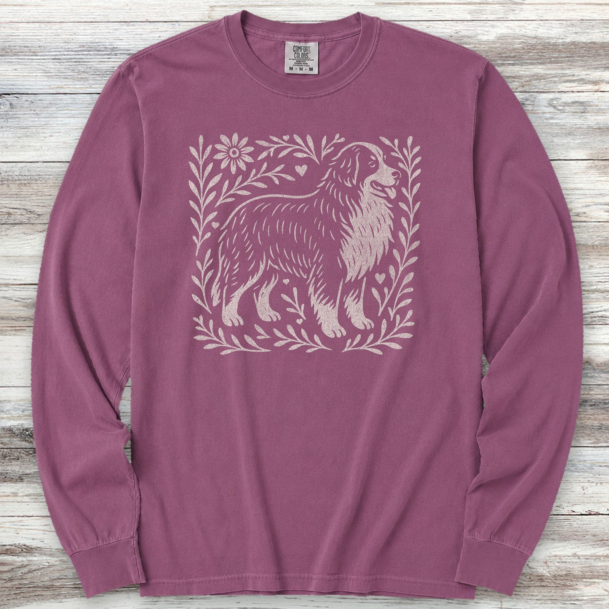 Bernese Mountain Dog Linocut Long Sleeve Tee - Berry