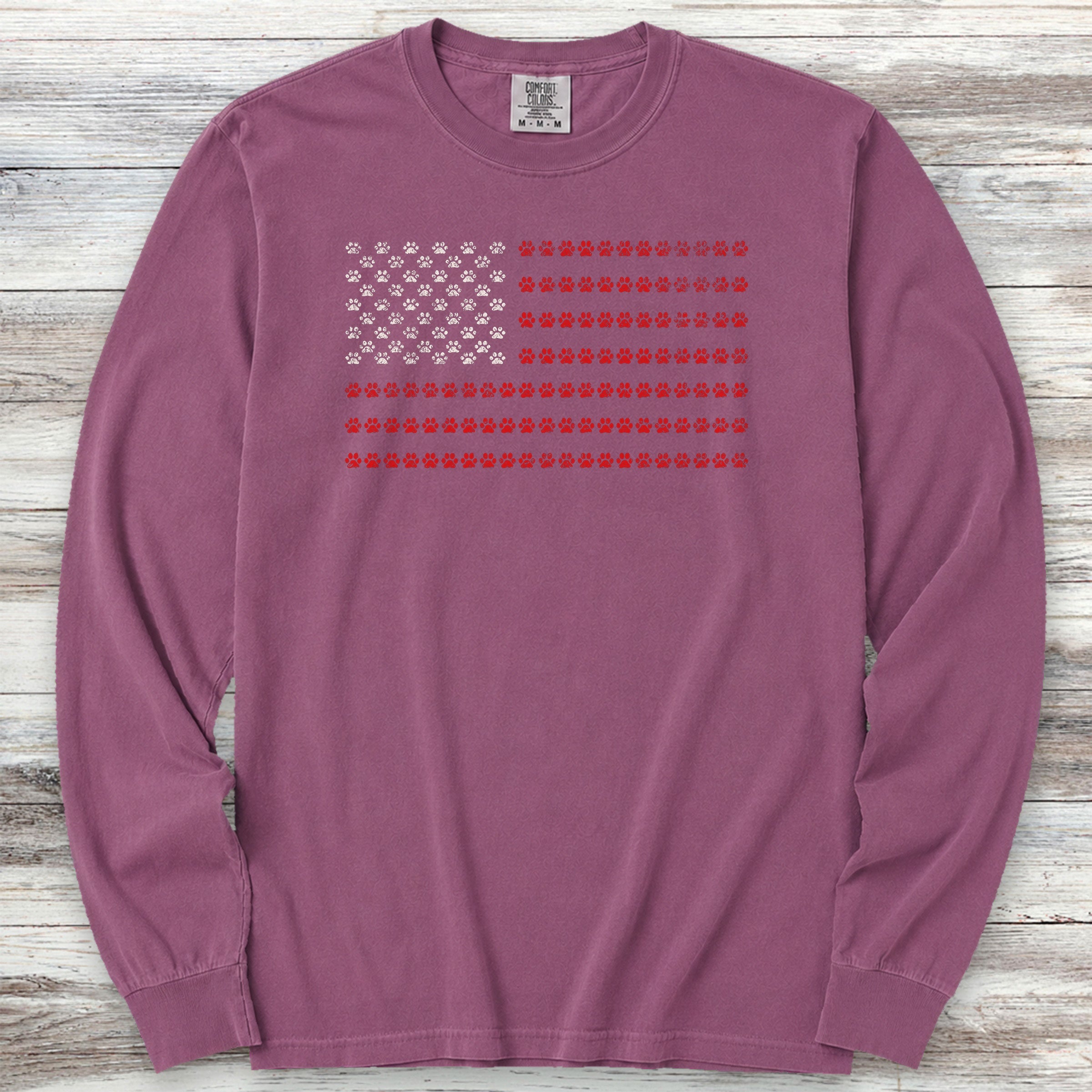 Vintage Red White & Paws Flag Long Sleeve Tee - Berry