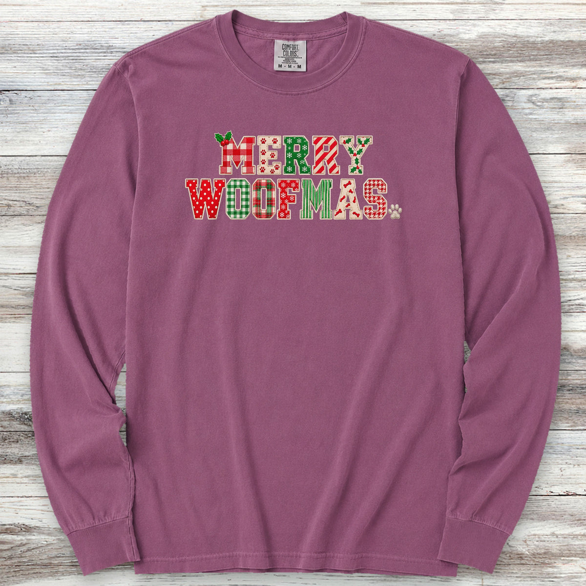 Merry Woofmas Faux Patchwork Long Sleeve Tee - Berry