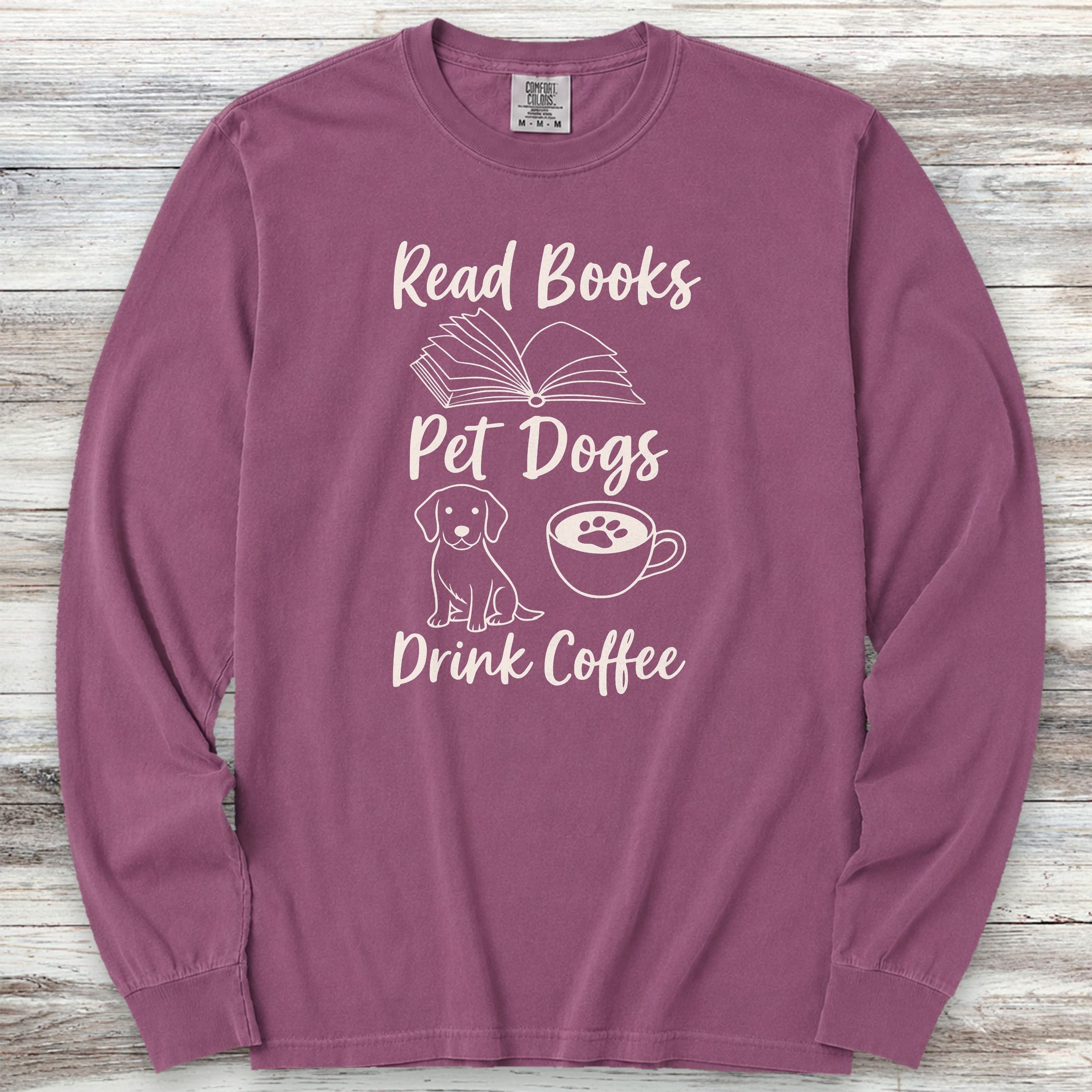 Books Dogs Coffee Long Sleeve Tee - Berry