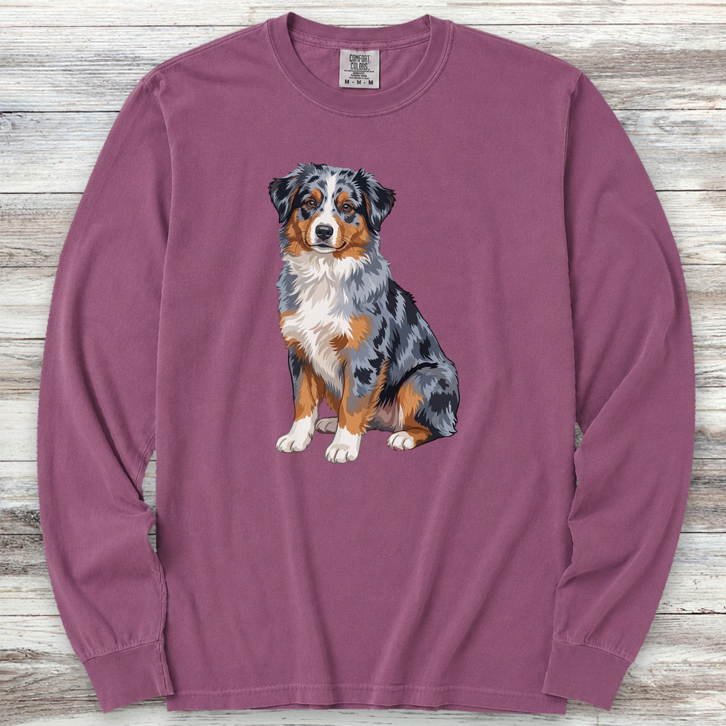 Australian Shepherd Merle Watercolor Long Sleeve Tee - Berry
