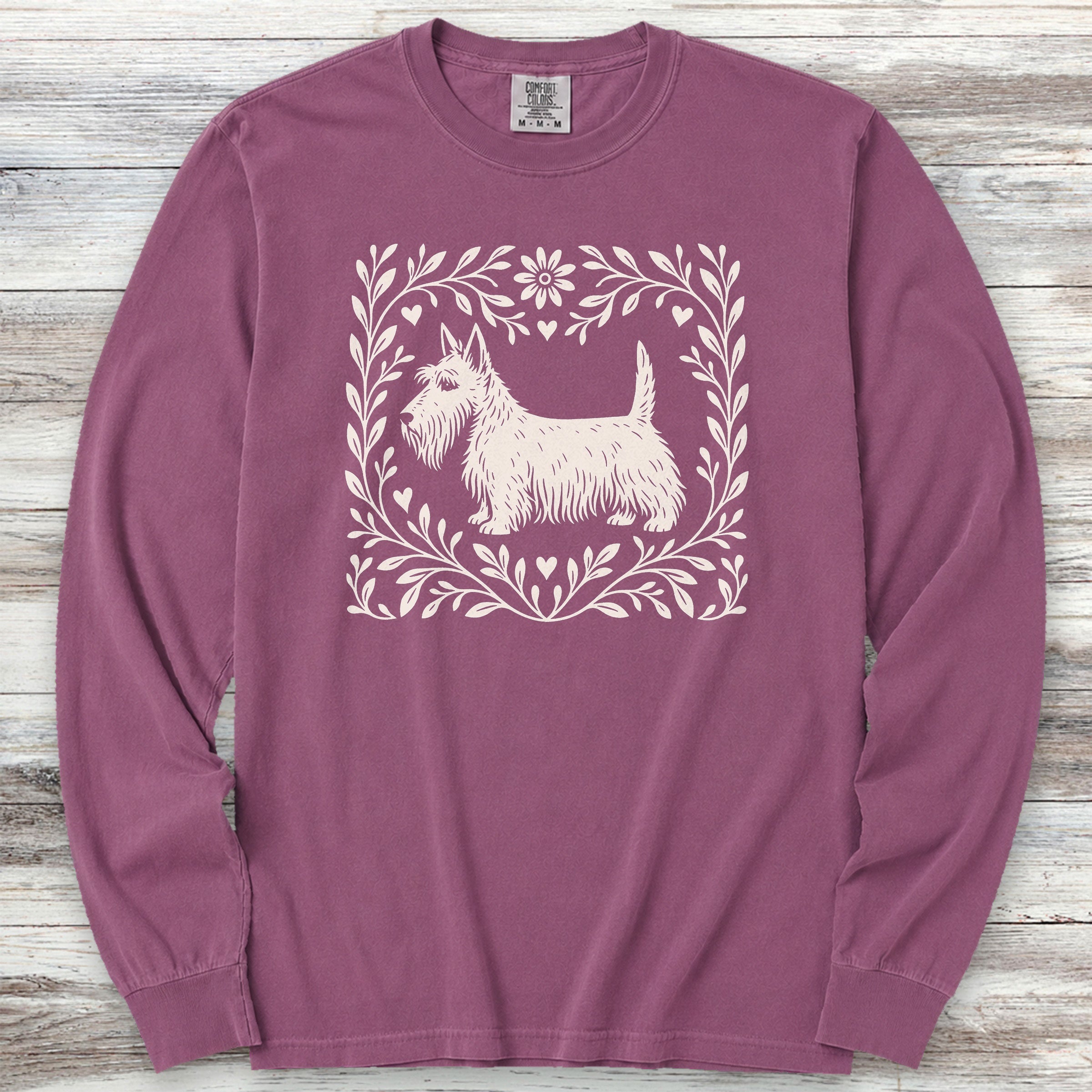 Scottish Terrier Linocut Long Sleeve Tee - Berry