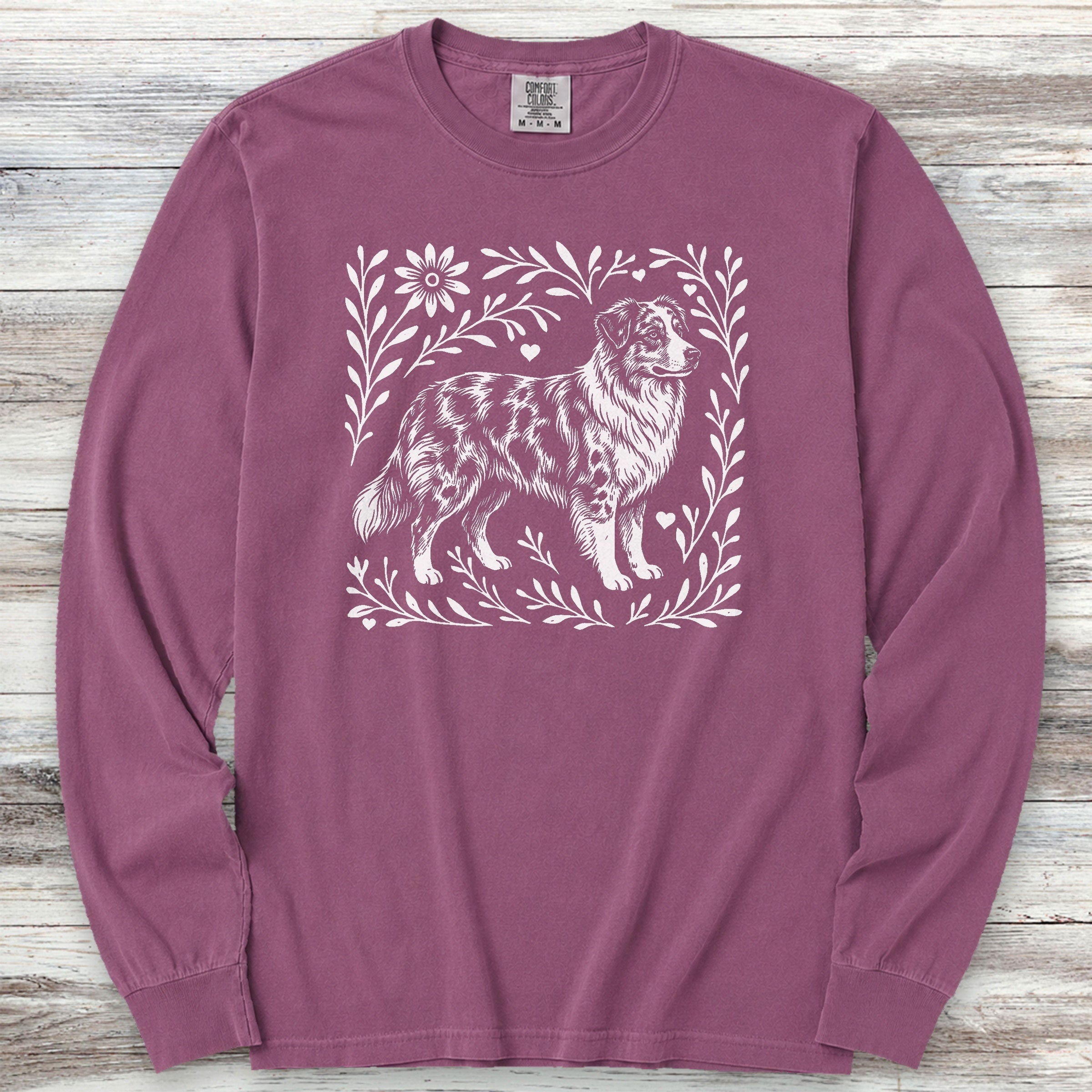 Australian Shepherd Merle Linocut Long Sleeve Tee - Berry