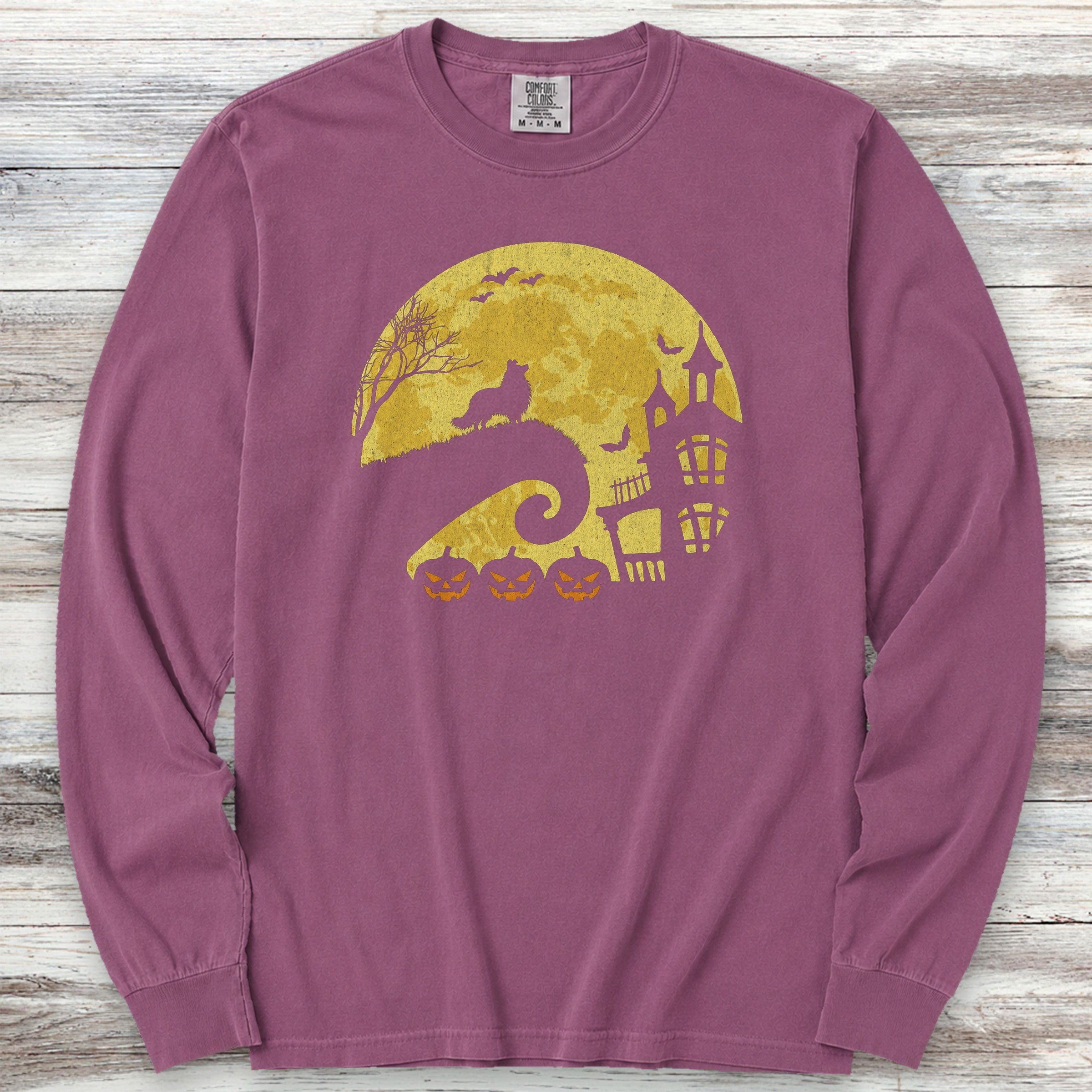 Shetland Sheepdog Halloween Moon Long Sleeve Tee - Berry