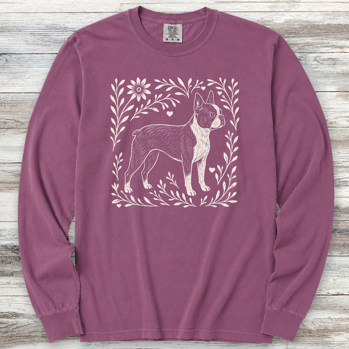 Boston Terrier Linocut Long Sleeve Tee - Berry