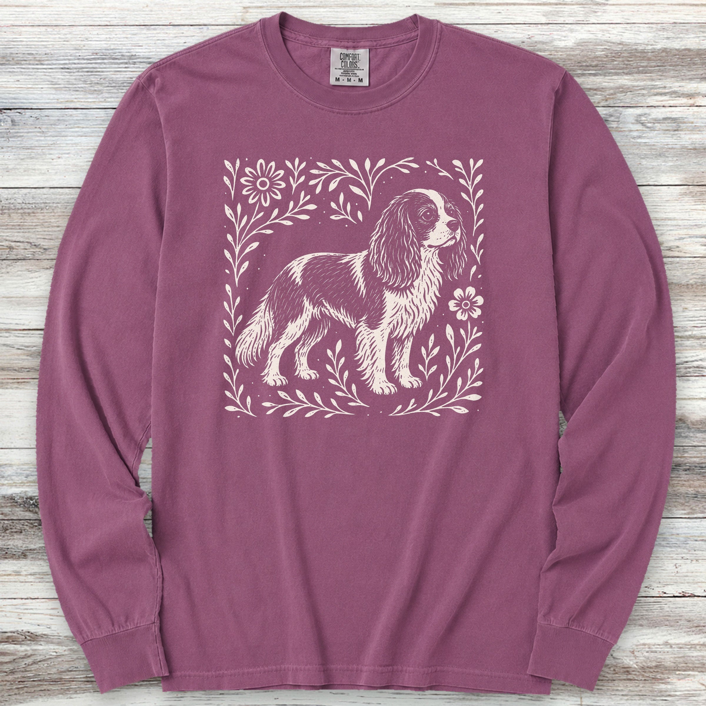 Cavalier King Charles Linocut Long Sleeve Tee - Berry