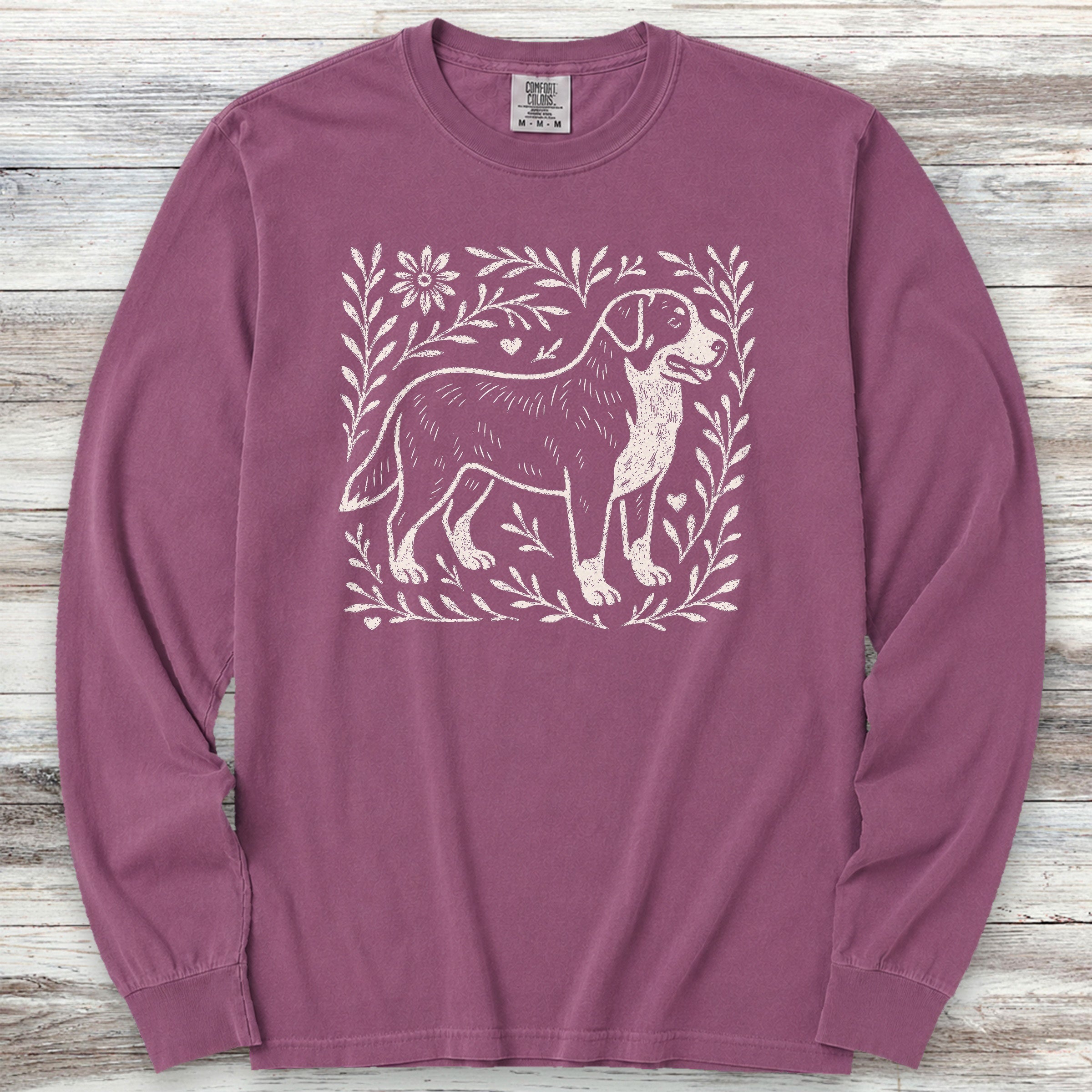 Swiss Mountain Dog Linocut Long Sleeve Tee - Berry