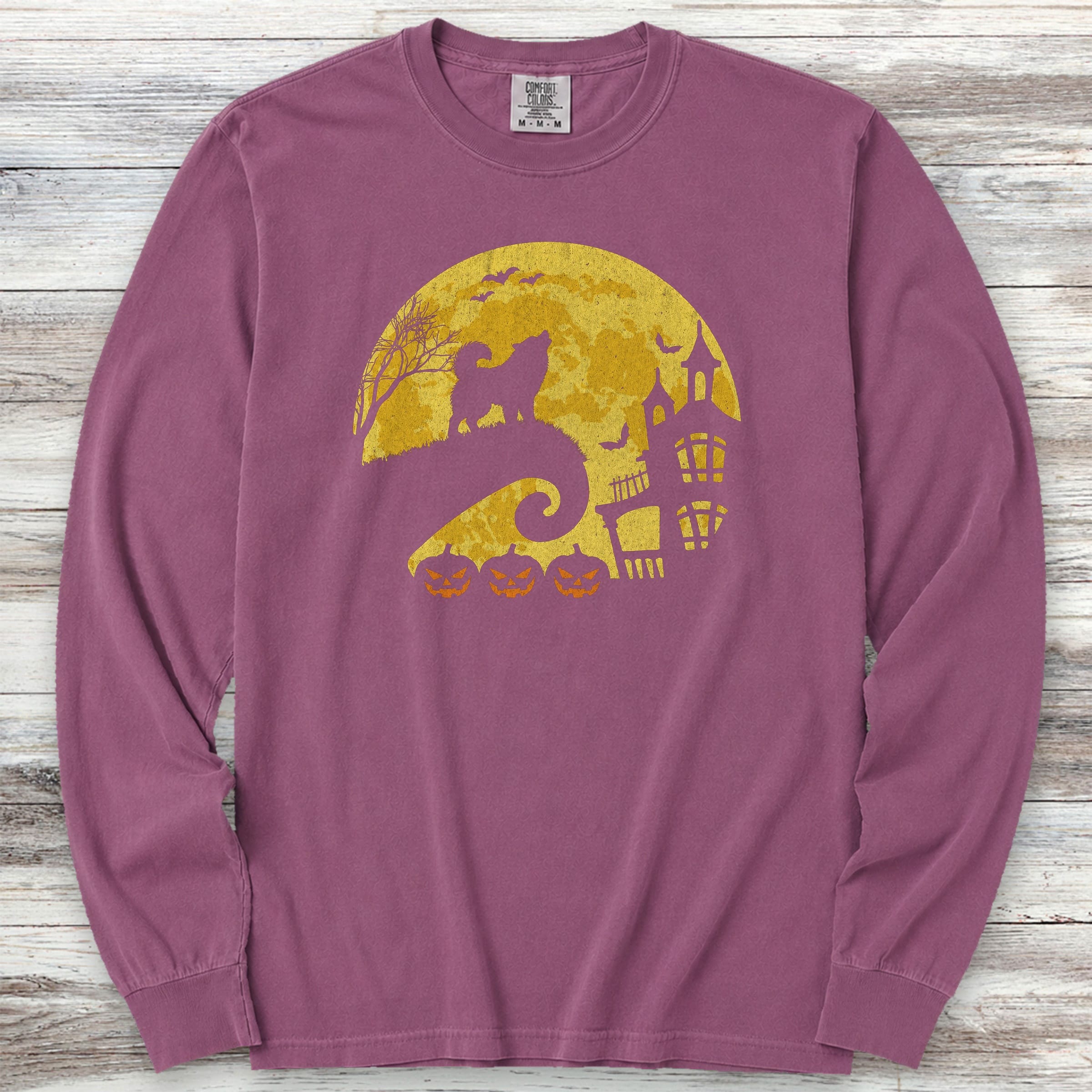 Alaskan Malamute Halloween Moon Long Sleeve Tee - Berry