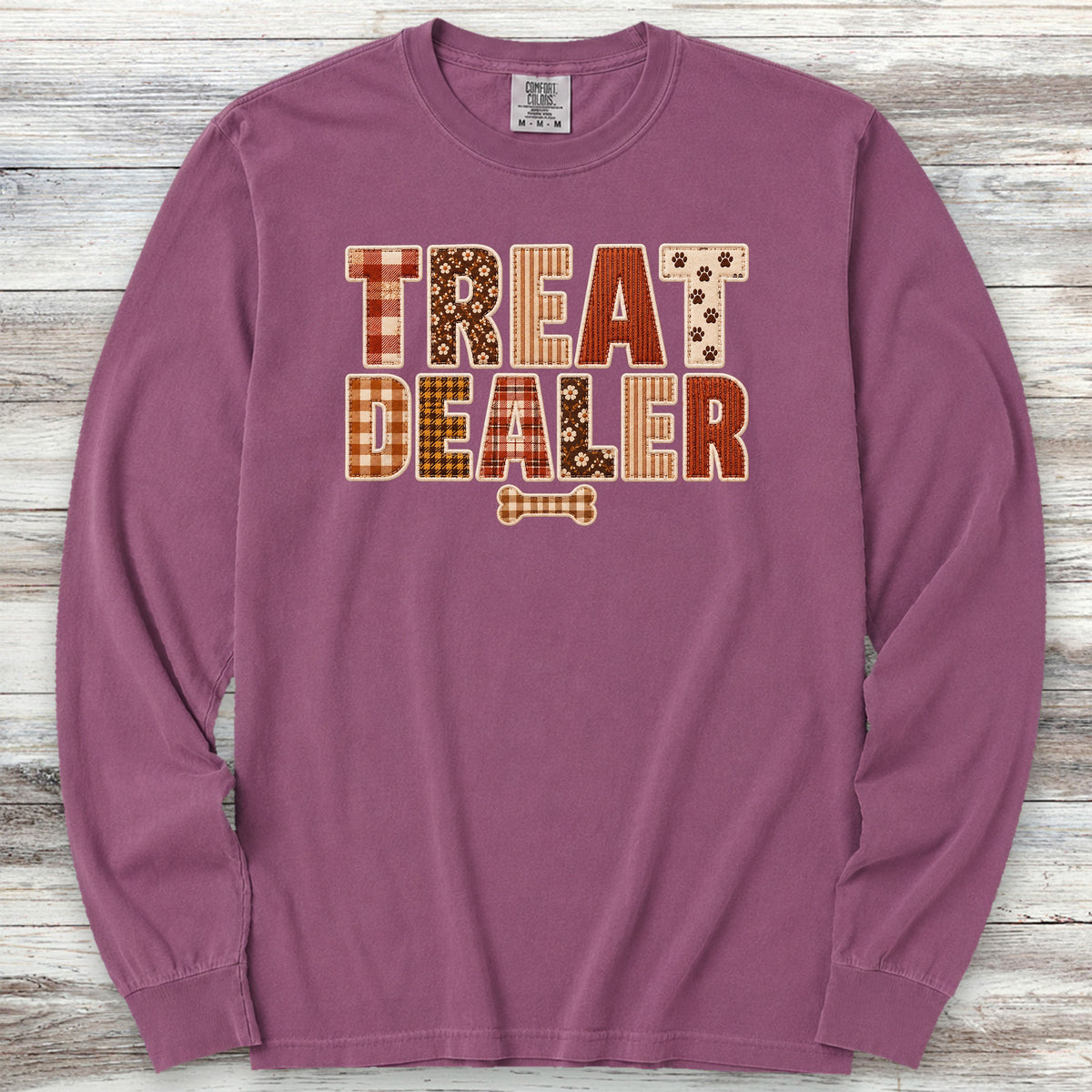 Treat Dealer Fall Faux Patchwork Long Sleeve Tee - Berry