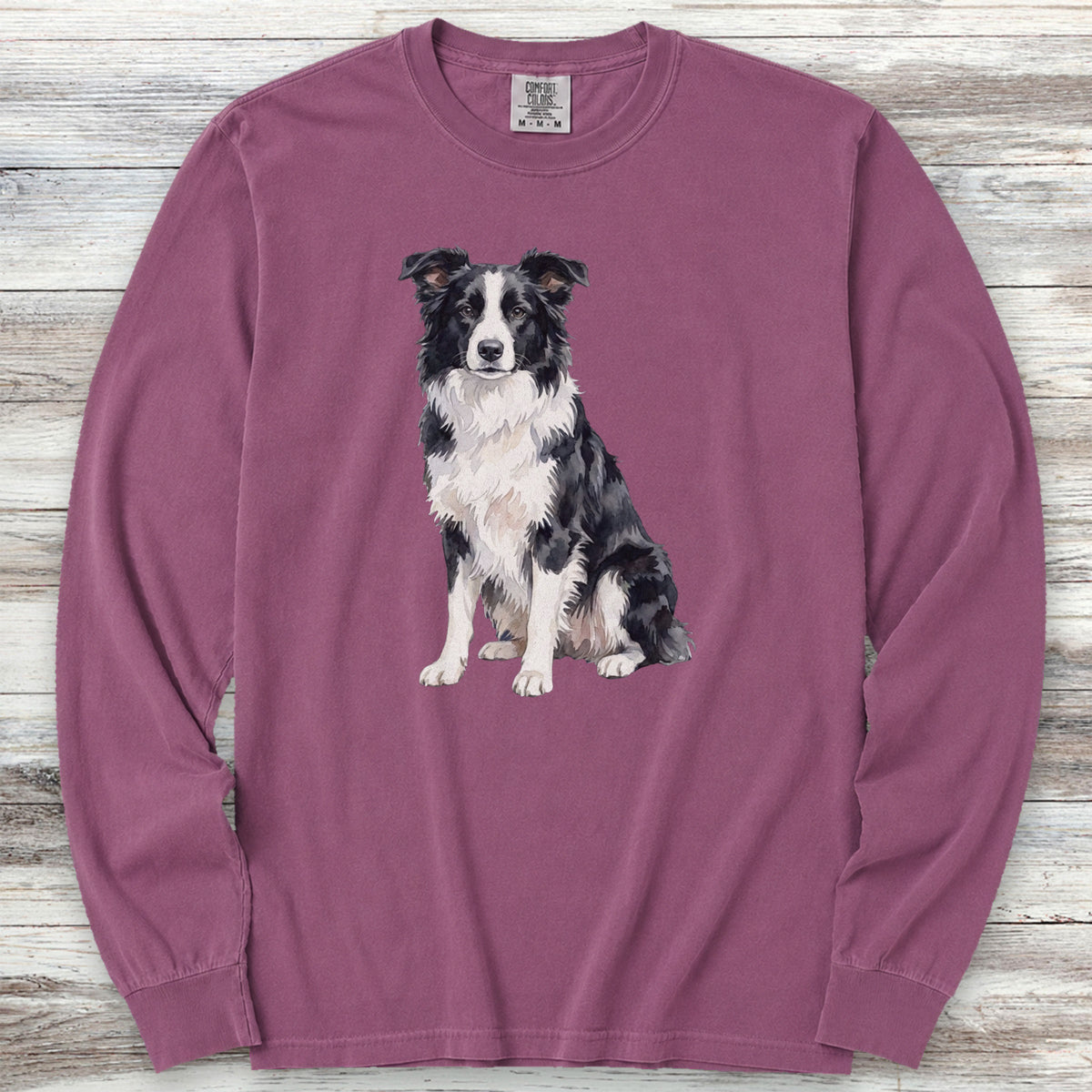 Border Collie Watercolor Long Sleeve Tee - Berry