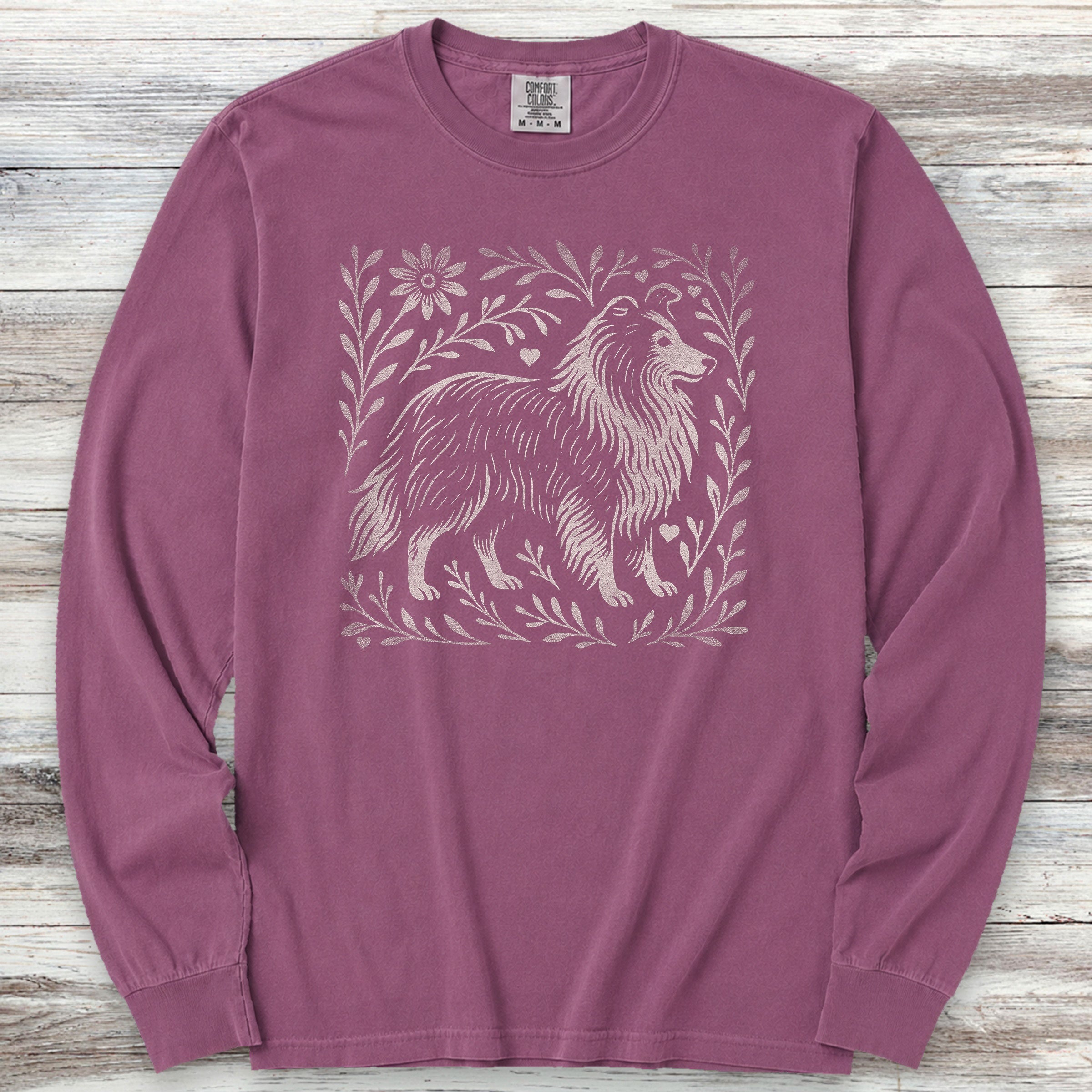 Shetland Sheepdog Linocut Long Sleeve Tee - Berry