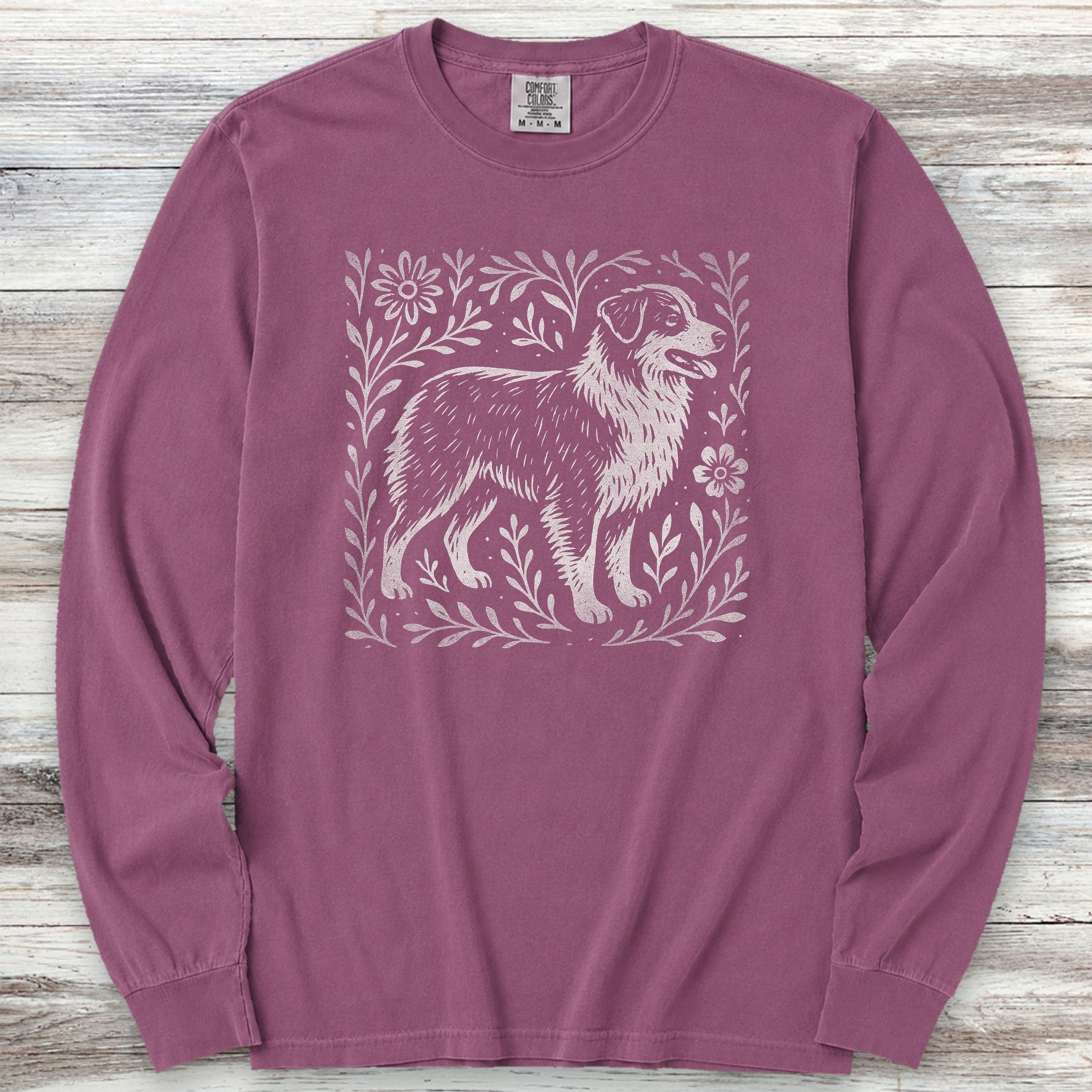 Australian Shepherd Linocut Long Sleeve Tee - Berry