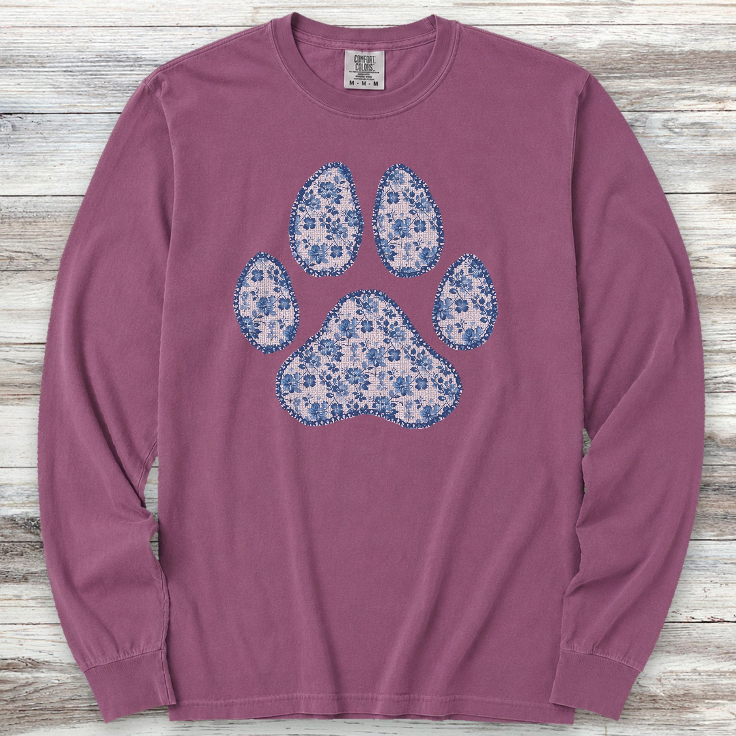 Blue Floral Paw Print Long Sleeve Tee - Berry