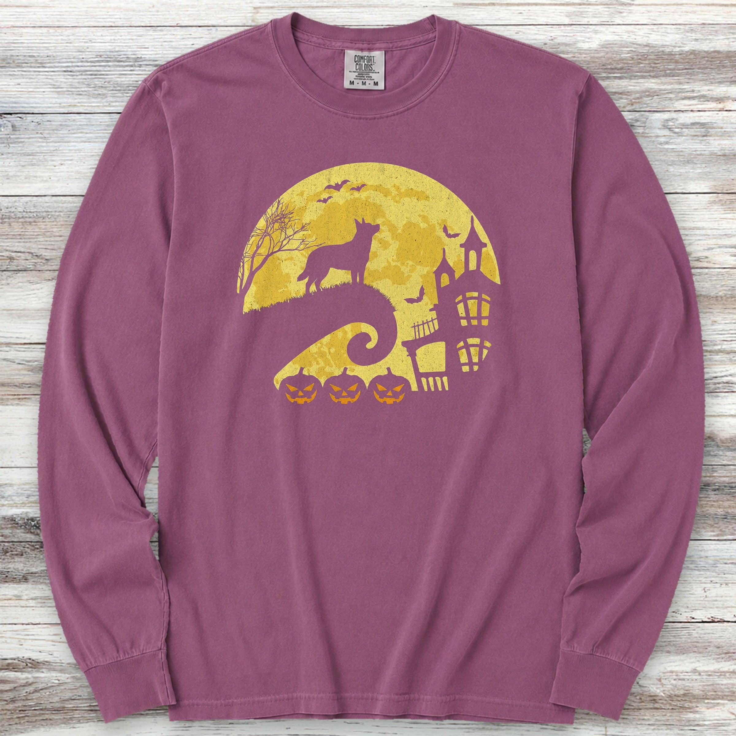 Australian Cattle Dog Halloween Moon Long Sleeve Tee - Berry