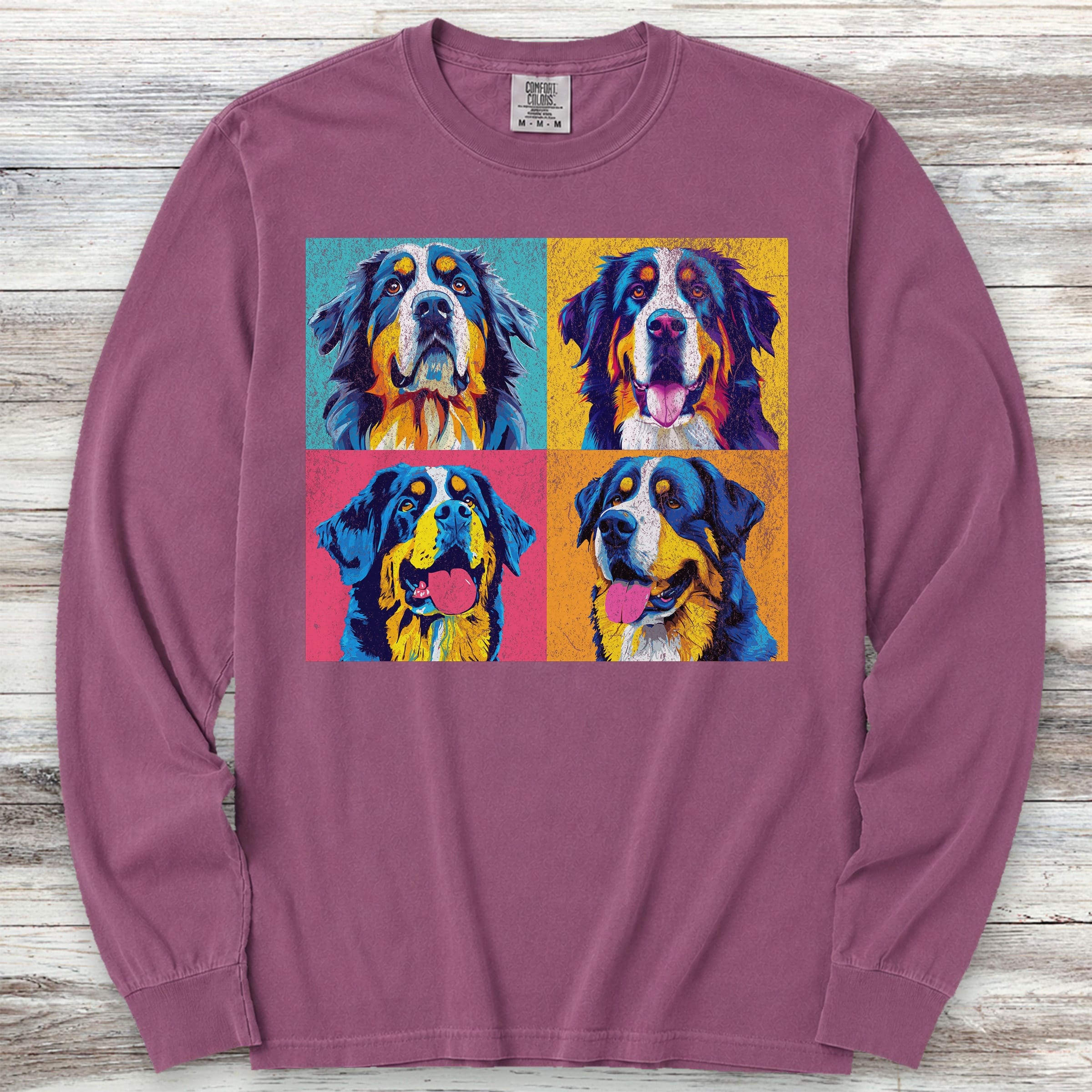 Bernese Mountain Dog Pop Art Long Sleeve Tee - Berry